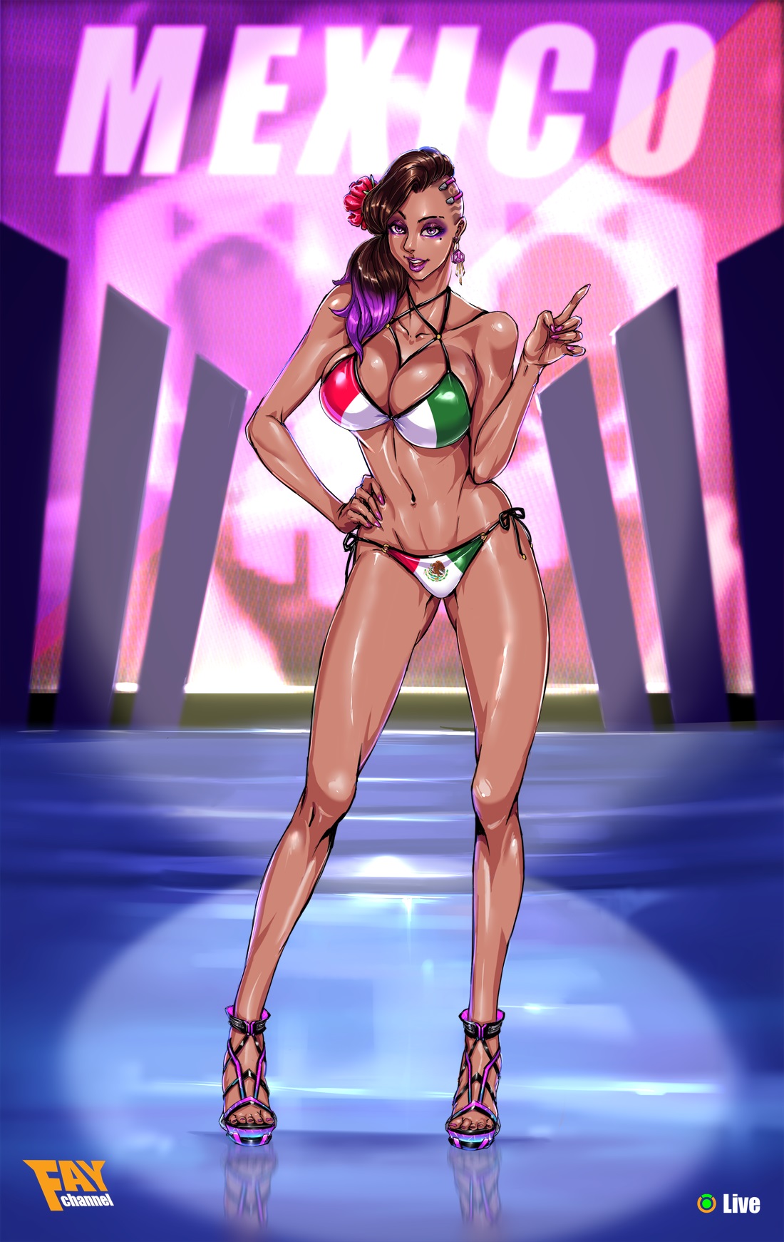 1girls, big breasts, bikini, blizzard entertainment, breasts, brown hair, cleavage, dark skin, dark-skinned female, faymantra, female, female only, flag bikini, highlights, large breasts, latina, long hair, looking at viewer, mexican flag, mexican flag bikini, mexicana sombra, overwatch, overwatch 2, solo, sombra, summer games series, video games