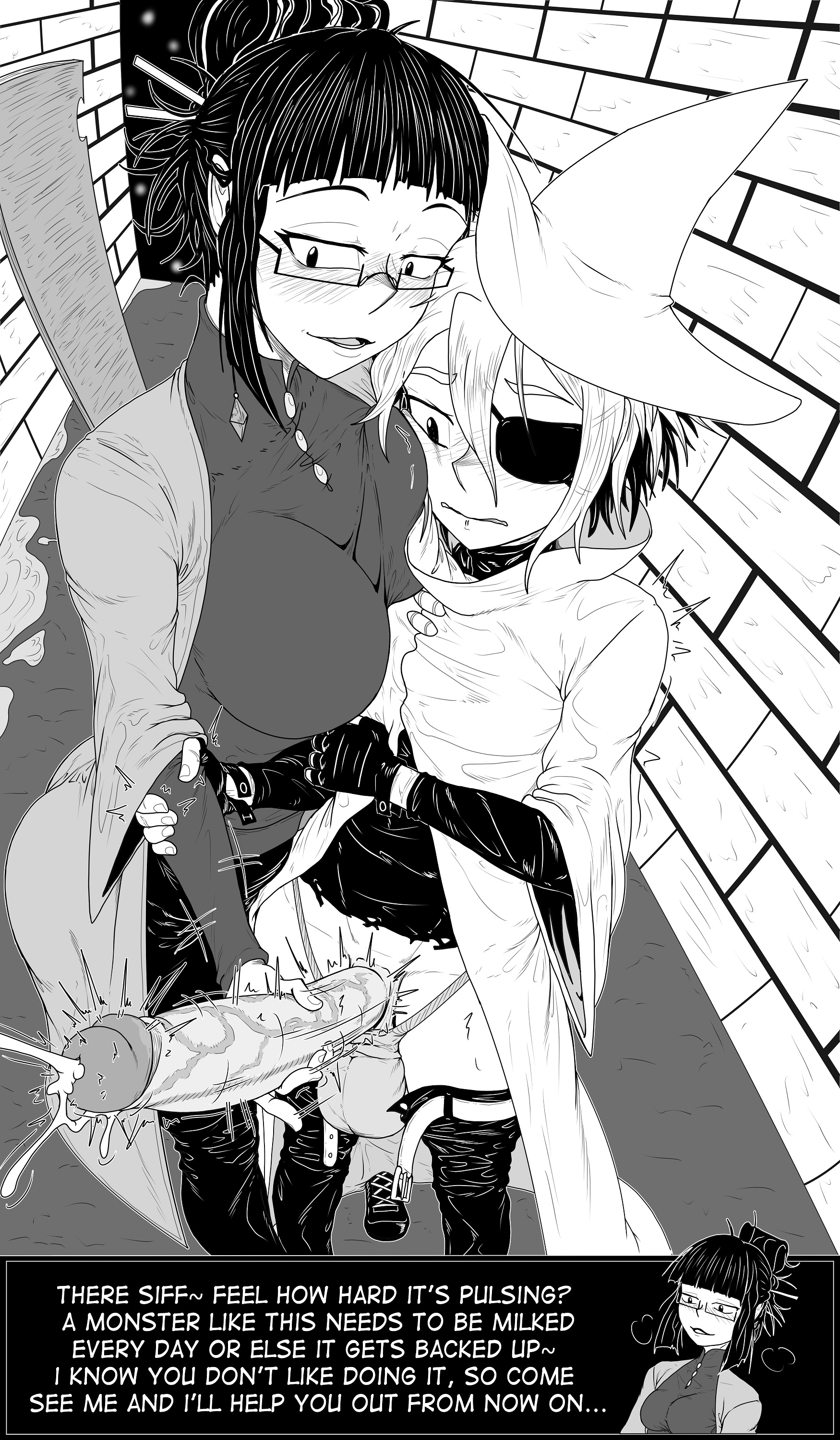 1boy, 1girls, alley, alleyway, balls, big balls, big penis, black and white, boob squish, breasts, cloak, clothed female, cum milking, cumming, cumming from handjob, detailed background, earrings, eyepatch, face in breasts, female, fingerless gloves, full color, game ui, gentle femdom, glasses, gripping arms, hair ornament, hair tied back, handjob, hat, high-angle view, huge balls, huge cock, huge testicles, hung femboy, in stars and time, kiahl, larger female, lobsterkiahl, male, mature female, milking cum, nonbinary, odile (in stars and time), older female, pants down, pants pulled down, penis, poney, pressed against, pressed together, siffrin (in stars and time), smaller male, stroking cock, stroking penis, testicles, text box, thick penis, two-tone hair, veiny penis, younger male