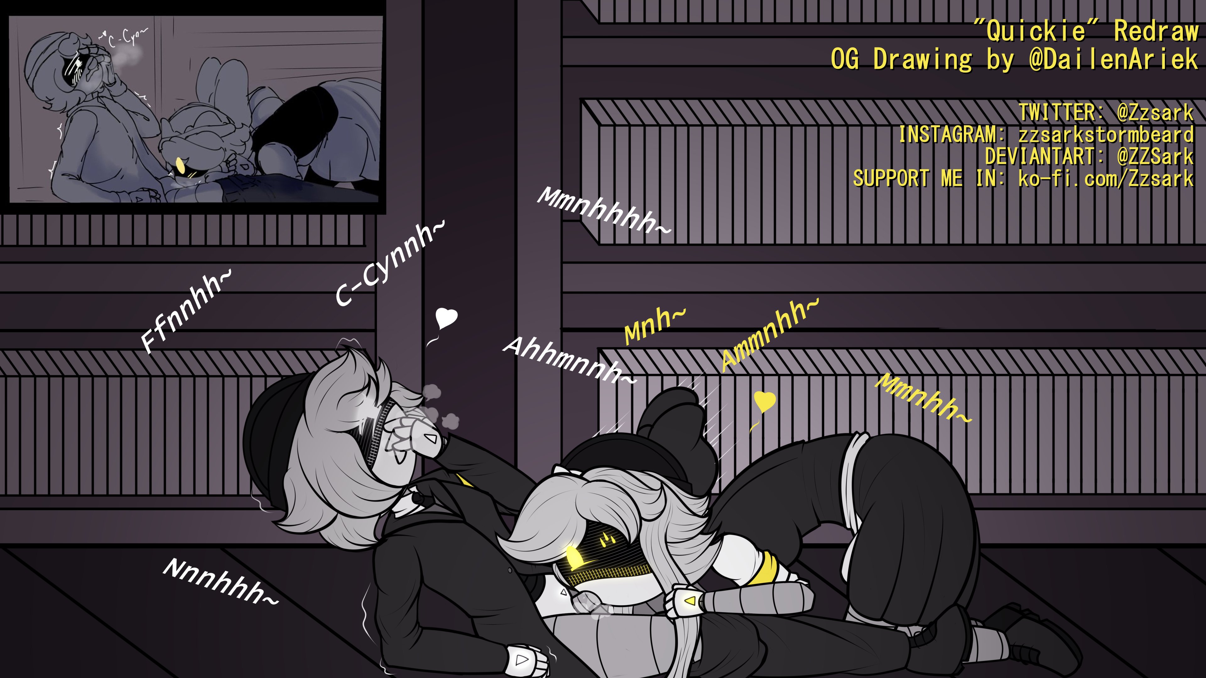 1boy, 1girls, artist name, artist website, blowjob, blush, blushing female, blushing male, clothing, cyn (murder drones), fellatio, female, glitch productions, heart, heavy breathing, library, male, male/female, moaning, moaning in pleasure, murder drones, n (murder drones), penis, robot, robot boy, robot girl, robot humanoid, silver hair, sucking penis, sweatdrop, white eyes, yellow eyes, zzsark, zzsark nsfw
