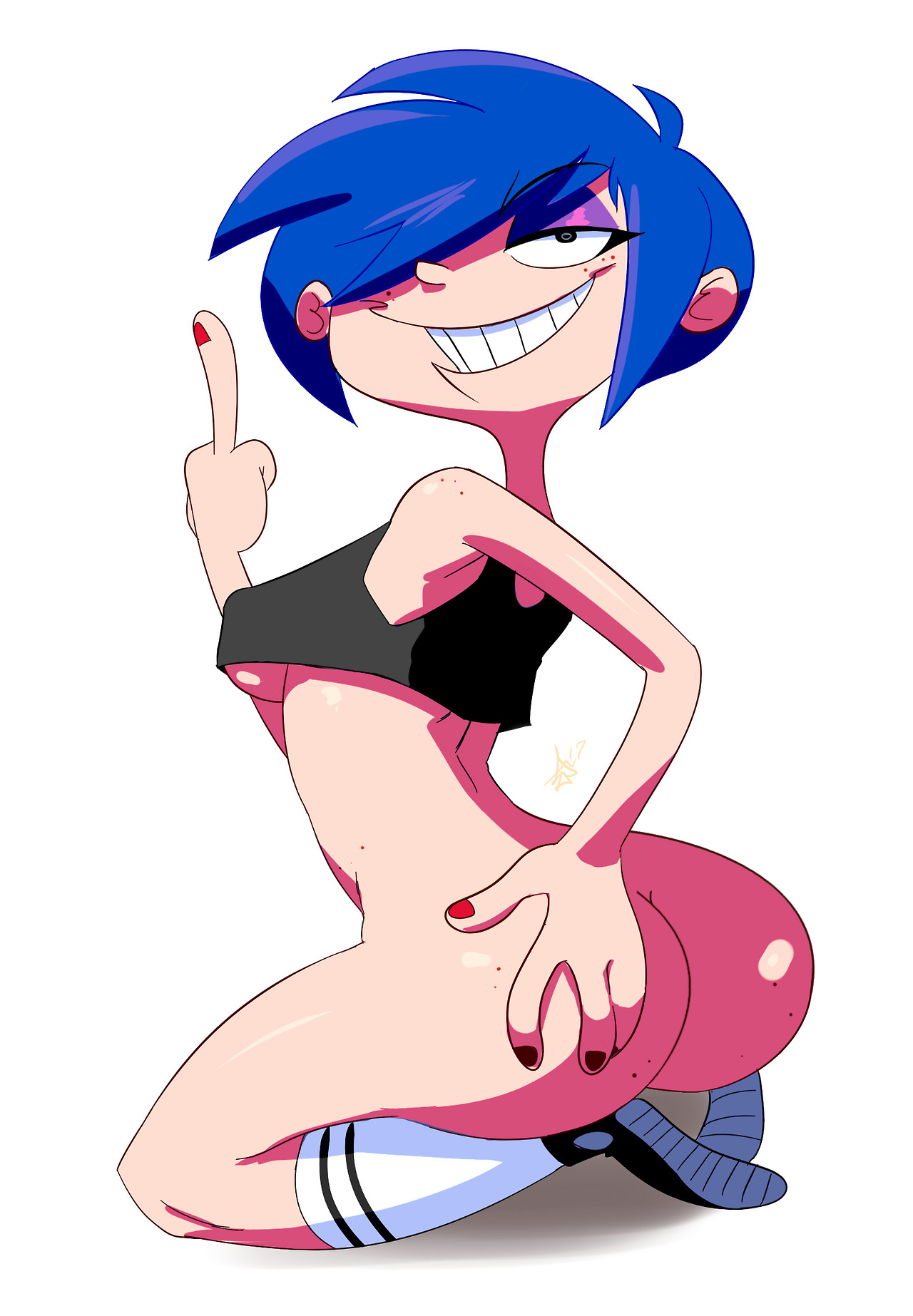 ass, blue hair, bottomless, breasts, cartoon network, ed edd n eddy, edit, female, freckles, huge ass, kanker sisters, legwear, looking at viewer, looking back, marie kanker, middle finger, no panties, redtrain, sitting, smile, solo, straight hair, thehumancopier, underboob