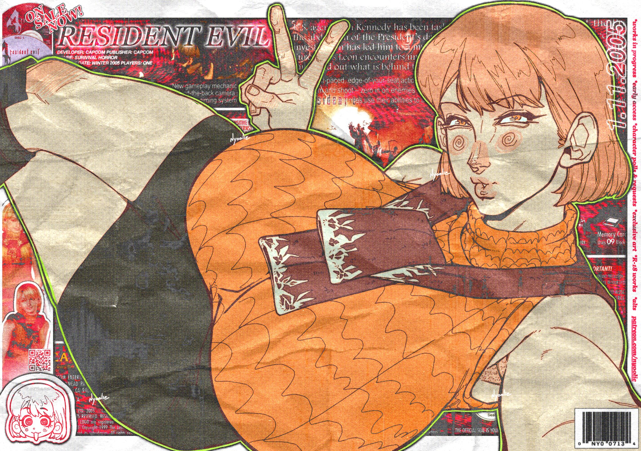 1girls, armpit hair, armpits, artist name, ashley graham, boots, breasts, breasts bigger than head, brown hair, character name, copyright name, dated, english, english text, female, female armpit hair, female only, huge breasts, jumper, leon scott kennedy, nyoolie, patreon, patreon url, patreon username, peace sign, pursed lips, qr code, resident evil, resident evil 4, scarf, shiny lips, shiny skin, skirt, solo, solo female, sweater, text, thick thighs, web address, yellow eyes