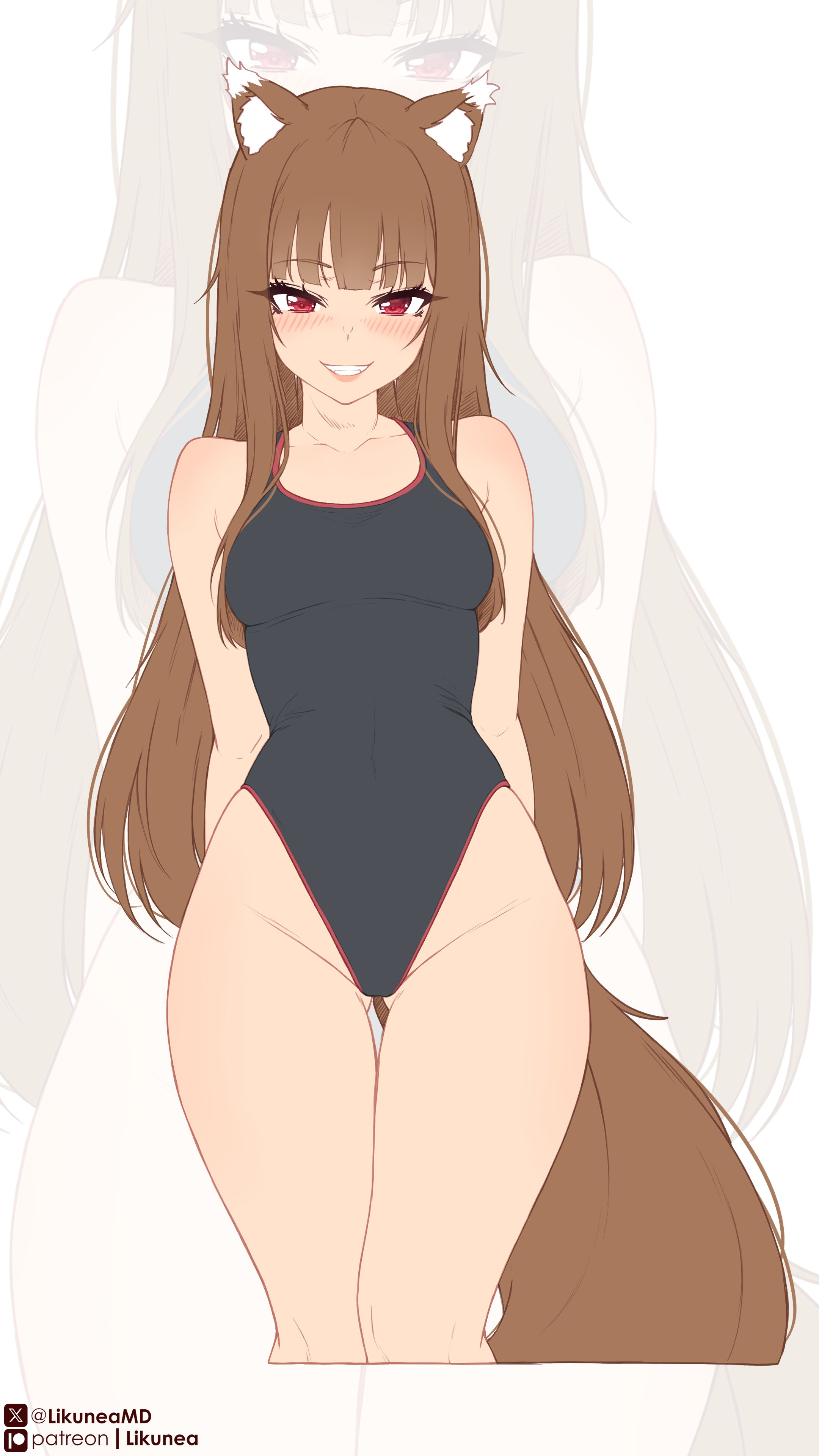 1girls, animal ears, animal tail, blushing, blushing at viewer, breasts, brown hair, brown-haired female, female, fluffy, fluffy tail, hime cut, holo, kemono, kemonomimi, likunea, looking at viewer, one-piece swimsuit, red-eyed female, redd eyes, slim, slim female, small breasts, smile, smiling at viewer, sole, sole female, spice and wolf, swimsuit, tagme, thick thighs, thighs, wolf ears, wolf girl, wolf tail