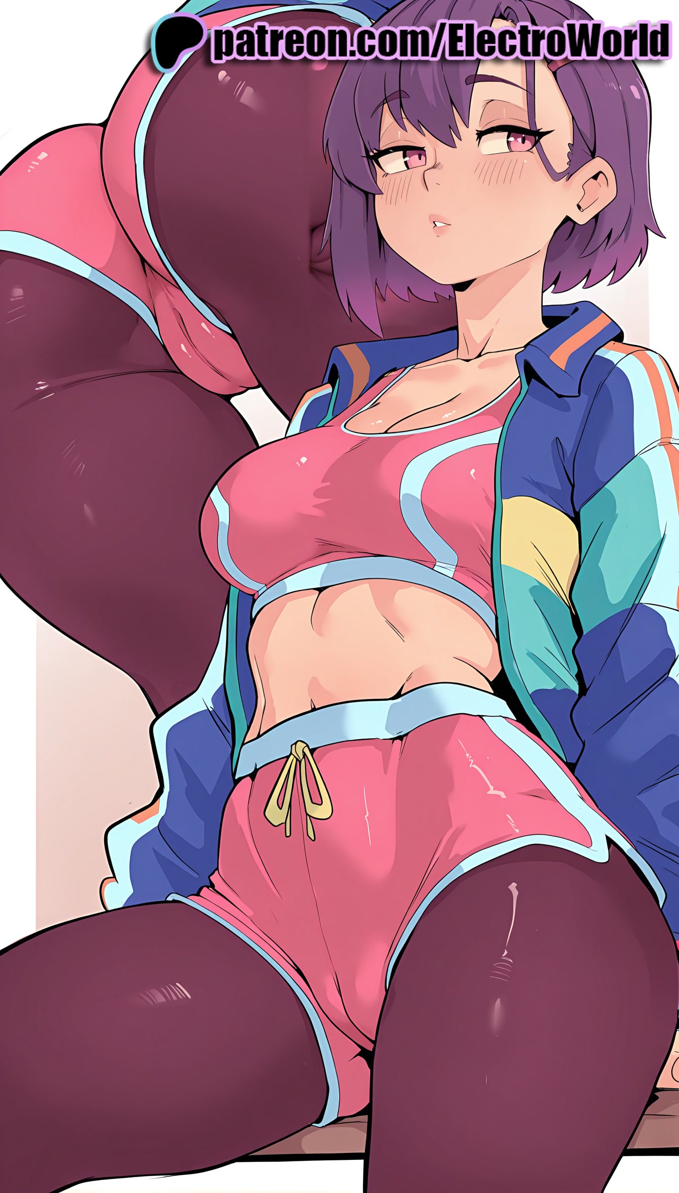 1girls, 2025, ai generated, artist name, breasts, bust, chest, electroworld, female, hi res, high quality, high resolution, highres, mikazuki shizuka, navel, patreon, patreon username, purple hair, purple-haired female, short hair, shorts, stable diffusion, watermark, zom 100: zombie ni naru made ni shitai 100 no koto