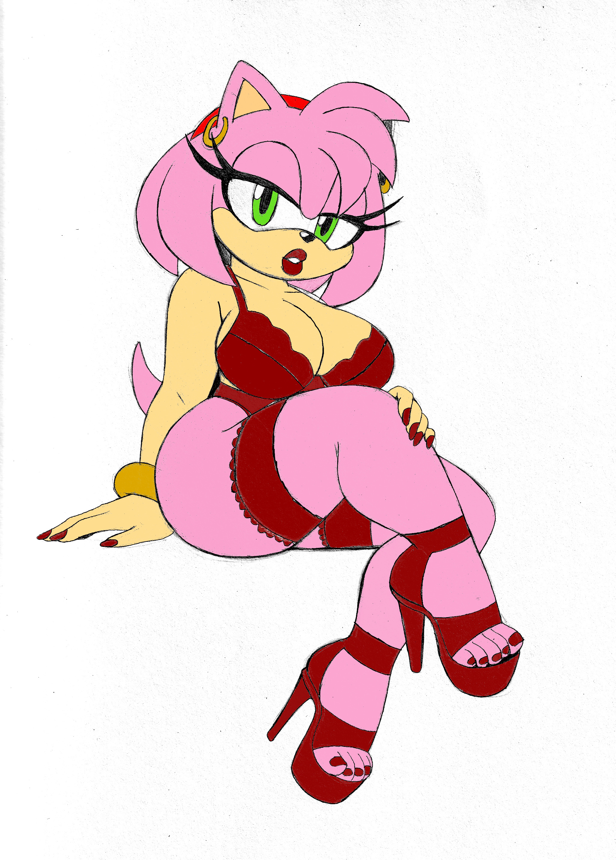 1girls, amy rose, breasts, busty, busty female, female, green eyes, heels, high heels, lingerie, looking at viewer, omegasunburst, platform heels, red lingerie, red lipstick, seductive look, sega, sexy, sonic (series), voluptuous, voluptuous female