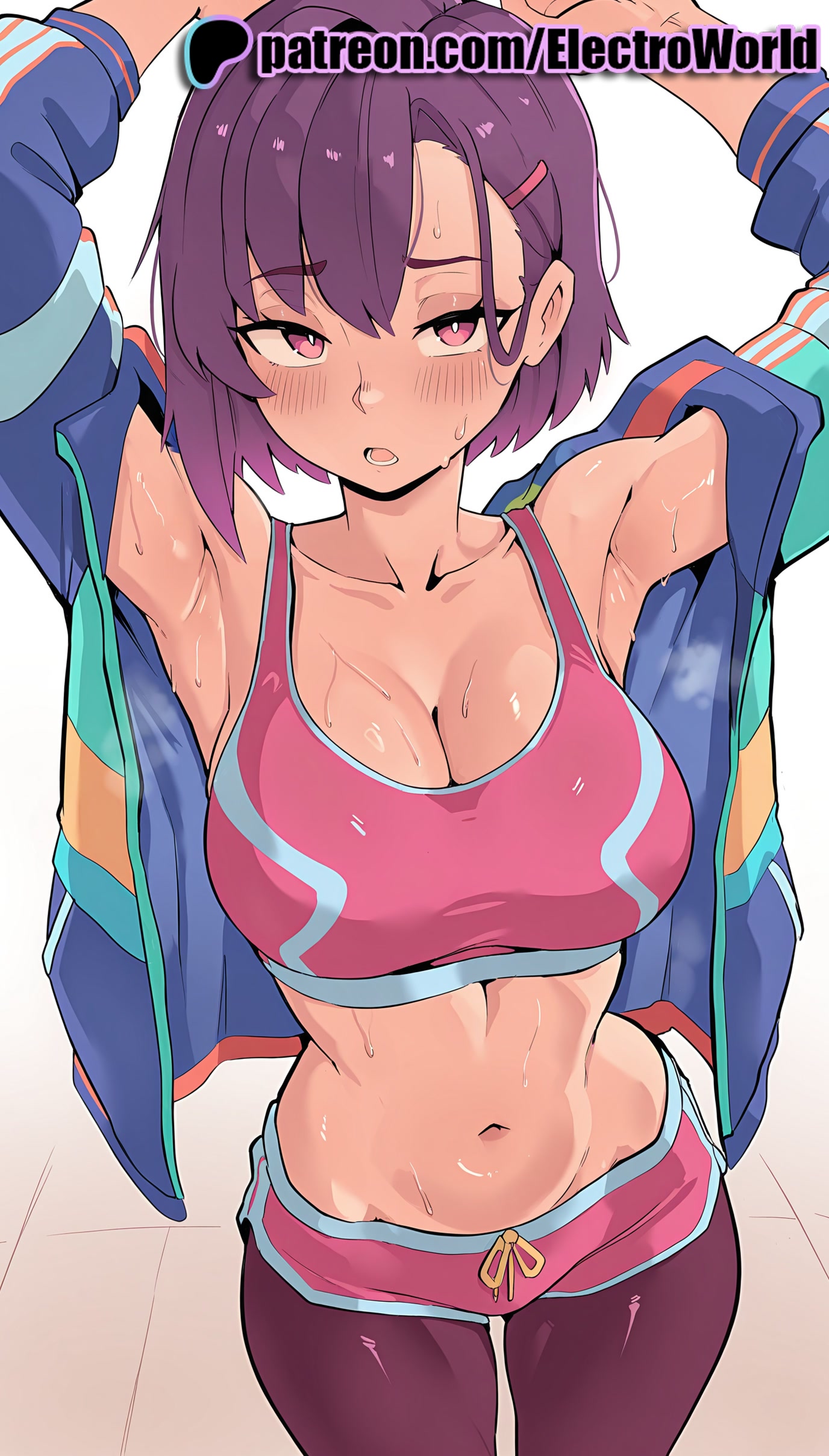 1girls, 2025, ai generated, armpits, artist name, bike shorts, blush, breasts, bust, chest, electroworld, female, hair ornament, hairclip, hi res, high quality, high resolution, highres, jacket, mikazuki shizuka, navel, patreon, patreon username, purple hair, purple-haired female, short hair, solo, sports bra, stable diffusion, sweat, watermark, zom 100: zombie ni naru made ni shitai 100 no koto