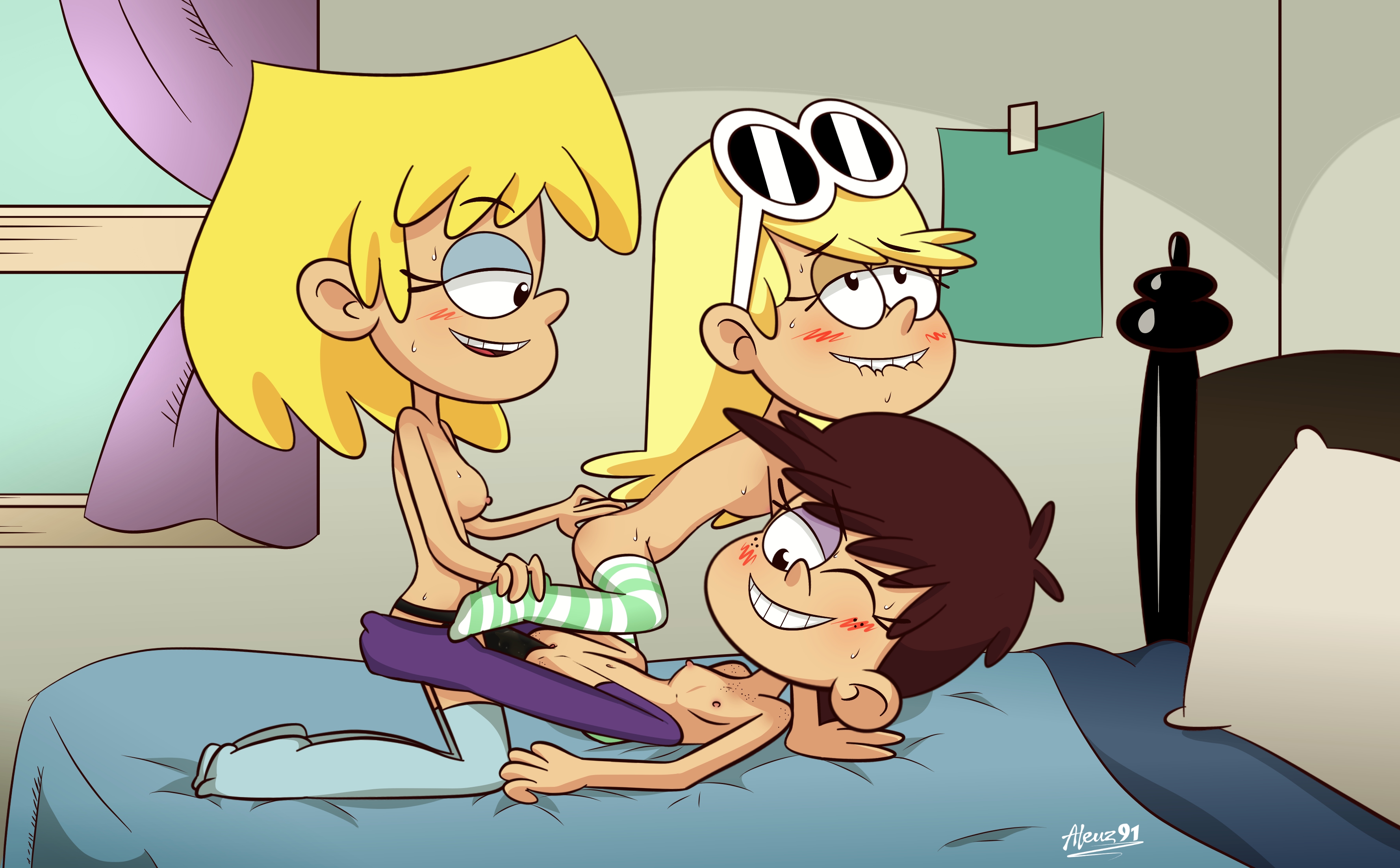 3girls, aleuz91, bed, biting lip, blonde hair, blush, brown hair, female, female only, group, group sex, human, incest, leni loud, lori loud, luna loud, male, multiple females, multiple girls, nickelodeon, nickelodeon animation studio, on back, on bed, one eye closed, paramount pictures, penis, pleasure face, pussy, sibling, siblings, sister, sisters, straight hair, strap-on, strapon, striped legwear, the loud house, thigh highs, thighhighs, threesome, vaginal penetration, wink, yuri