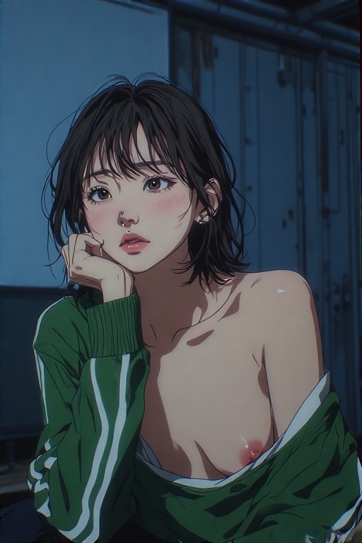 1girls ai ai_generated anime_style breasts breasts_out brown_eyes dark_hair female female_focus female_only hand_on_chin netflix nipples nose_piercing player_380 quinzo11 se-mi self_upload short_hair squid_game squid_game_2 sweater sweater_lift thoughtful_expression