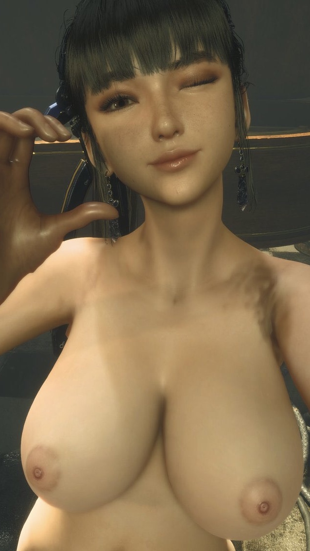3d, accurate art style, asian, breasts, brown eyes, brown hair, completely nude, eve (stellar blade), female, huge breasts, ingame model, korean, looking at viewer, nude, nude female, nude mod, ponytail, screencap, screenshot, shift up, smiling, smiling at viewer, source request, stellar blade, wink, winking at viewer