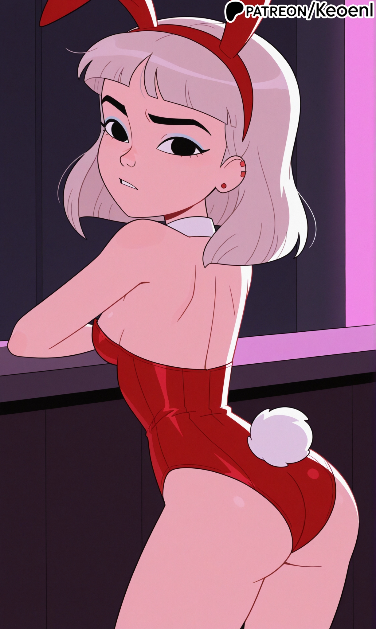 1girls, accurate art style, ai generated, asian, asian female, ass, back view, bare legs, black eyes, blonde hair, blue eyeshadow, blunt bangs, breasts, bunny costume, bunny ears, bunny girl, bunny tail, bunnysuit, choker, confused, cowboy shot, ear piercing, earrings, eyeshadow, female, female only, hi res, indoors, jentry chau, jentry chau vs. the underworld, jewelry, keoenl, looking at viewer, makeup, medium ass, medium breasts, medium hair, netflix, night, nightclub, patreon, piercing, sex, sideboob, small breasts, standing