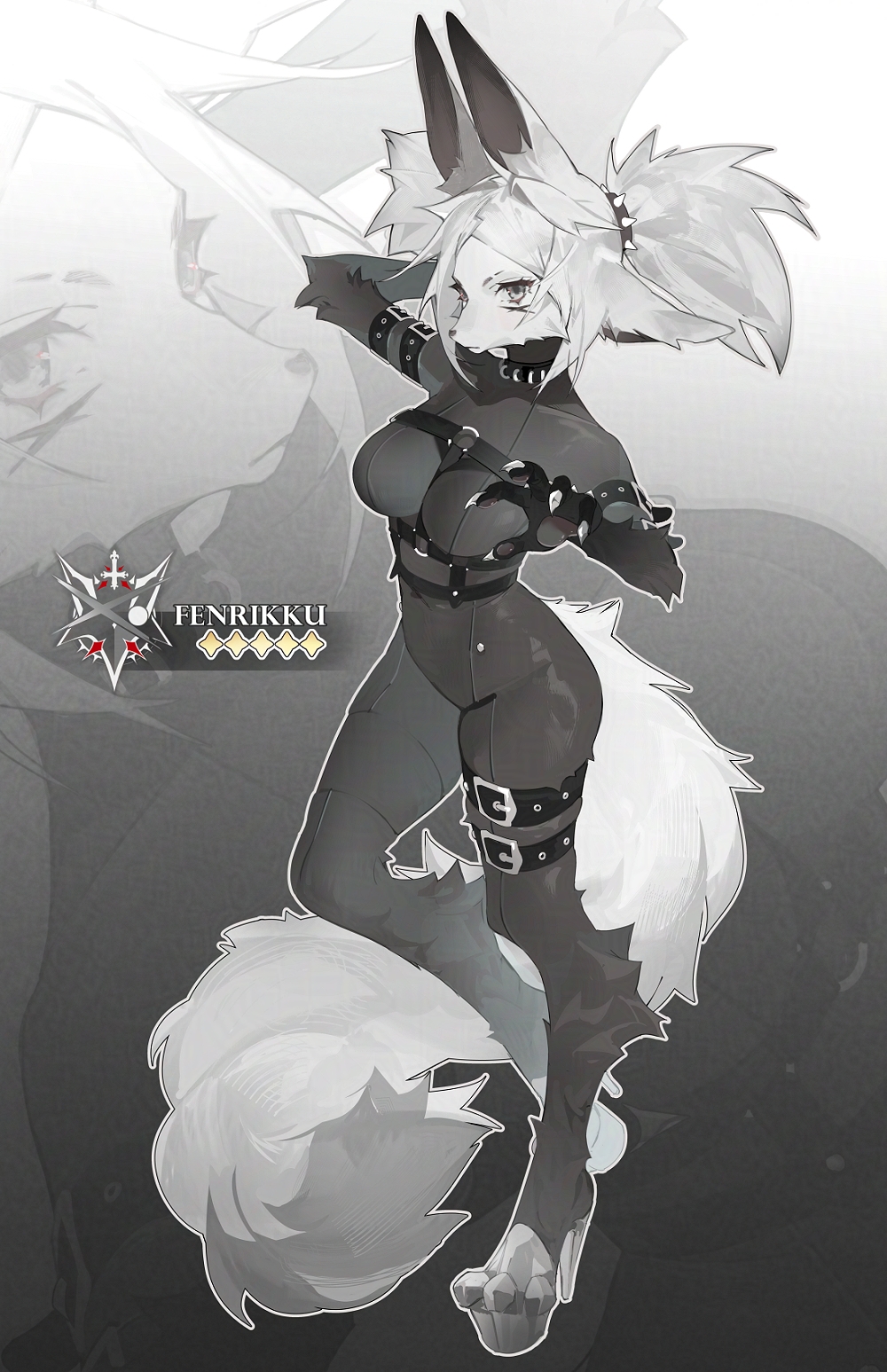 animal_ears belt breasts collar dya_rikku dya_rikku_(vtuber) female fox_ears fox_tail full_body furry harness large_breasts solo tail thigh_strap vyugen