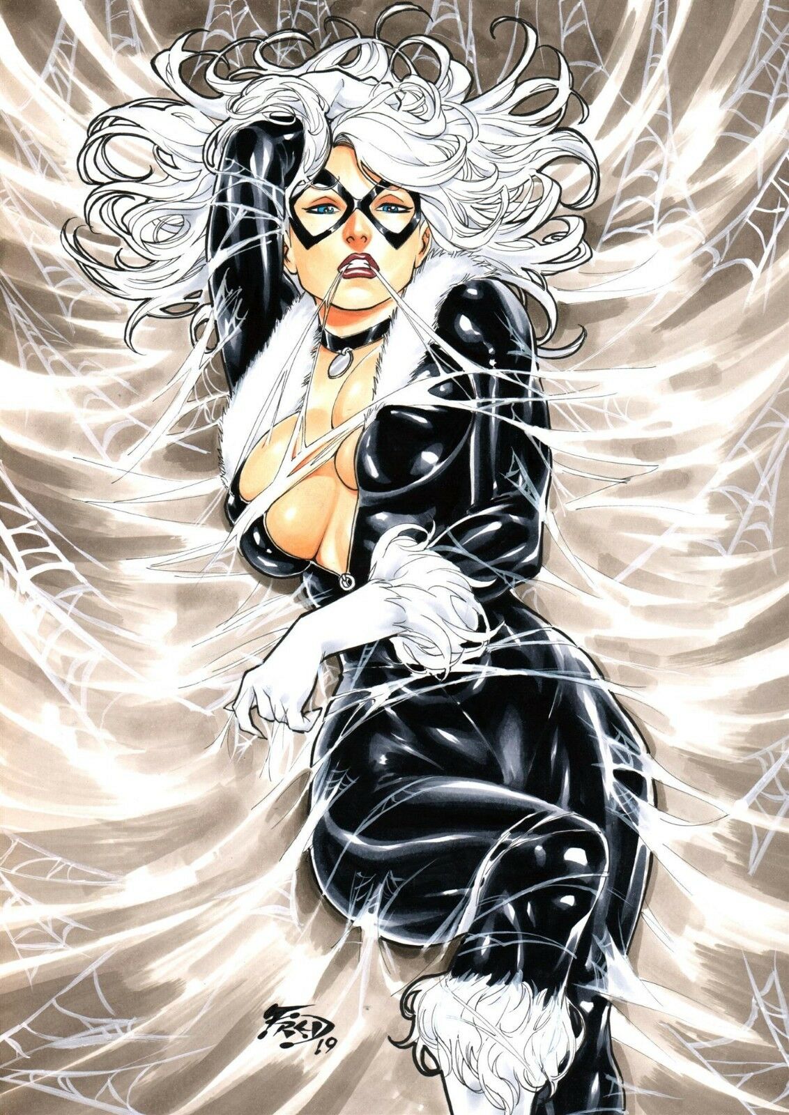 1girls, 2019, big breasts, black bodysuit, black cat (marvel), black choker, blue eyes, bodysuit, bondage, breasts, busty, choker, cleavage, curvaceous, curvy, dated, domino mask, ed benes studio, felicia hardy, female, female only, femsub, fred benes, gloves, human, large breasts, long hair, lying, lying down, lying on back, marvel, marvel comics, mask, messy hair, peril, pinup, red lips, red lipstick, signature, solo, spider-man (series), straight hair, superheroine, thighs, voluptuous, web, web bondage, webbing, white gloves, white hair, zipper, zipper pull tab