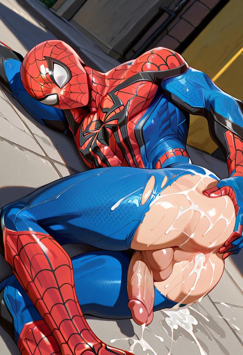 ai generated, anus, ass, back, balls, biceps, big balls, big penis, bodysuit, cum, cum in ass, cum on ass, cum on penis, erection, gay, grabbing own ass, hand on ass, hand on butt, looking at viewer, looking back, male, male only, male/male, marvel, marvel comics, marvel rivals, mask, masked male, muscular, muscular male, penis, spider-man, spider-man (marvel rivals), spider-man (series), toned body, toned male, torn bodysuit, twall97