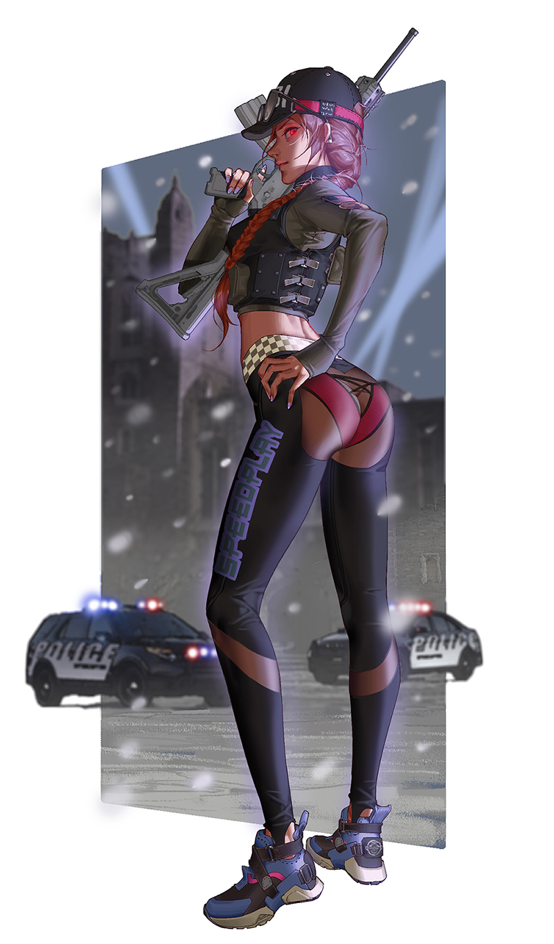 1girls, ash (rainbow six), ass, baseball cap, black headwear, breasts, female, female only, fjwuchengen, full body, hand on hip, holding weapon, jewish, jewish female, looking at viewer, medium breasts, panties, rainbow six, rainbow six siege, red eyes, red hair, single braid, solo, standing, tom clancy, underwear