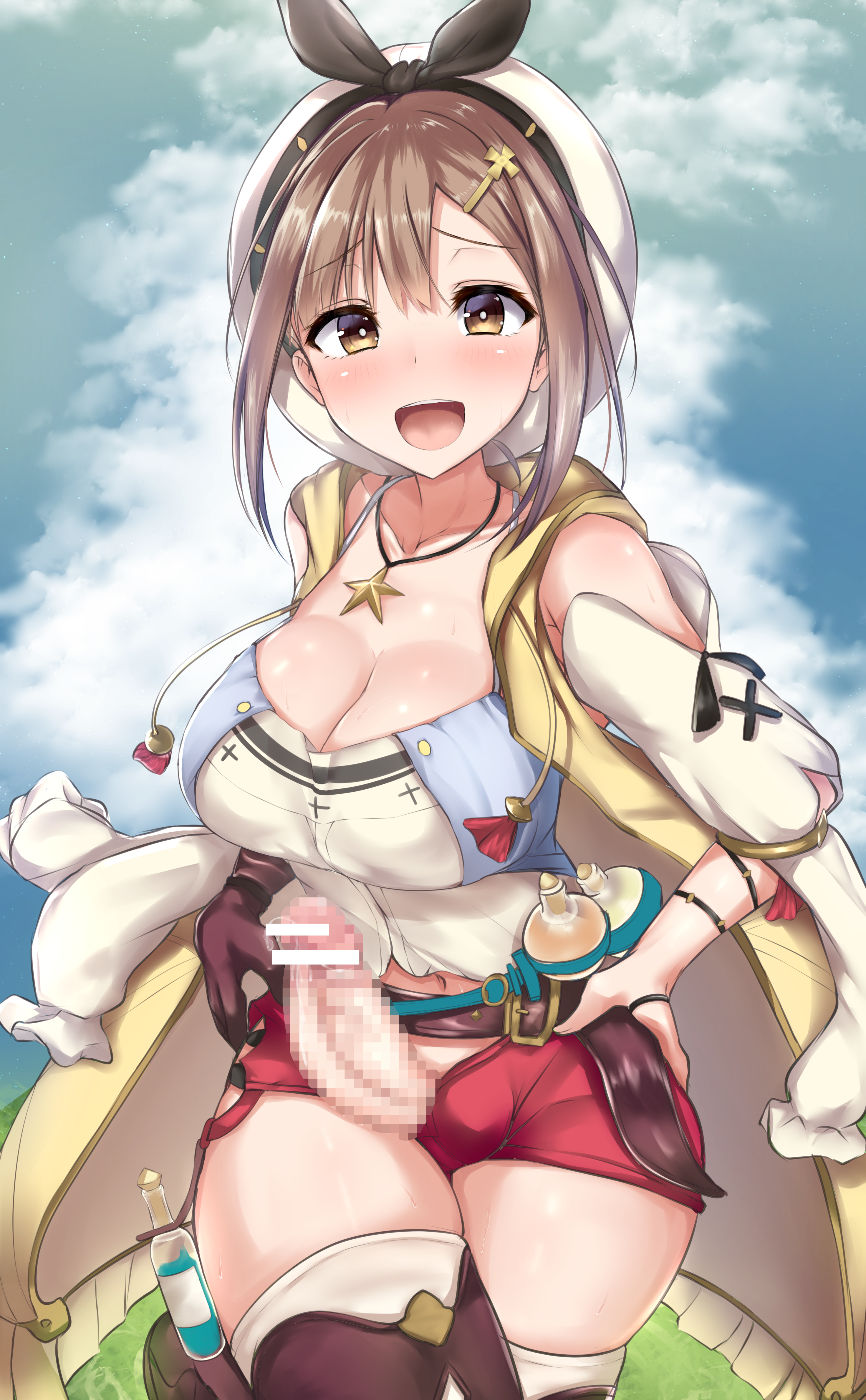 1futa, absurdres, akiamare, atelier (series), atelier ryza, bar censor, blue sky, blush, breasts, brown eyes, brown gloves, brown hair, brown legwear, censor bar, censored, cleavage cutout, cloud, collarbone, commentary request, day, eyebrows visible through hair, futa only, futanari, gloves, hands on hips, hat, highres, intersex, jewelry, large breasts, looking at viewer, mosaic censoring, navel, necklace, penis, red shorts, reisalin stout, short hair, short shorts, shorts, single glove, sky, solo, solo futa, standing, star, teeth, thighhighs, thighs, upper teeth, white headwear, white legwear