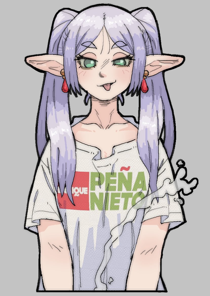 cum earrings elf female frieren green_eyes grey_background grey_hair implied_ejaculation jewelry long_hair pantsu-ripper pointy_ears print_shirt shirt simple_background solo sousou_no_frieren tongue tongue_out twintails white_shirt