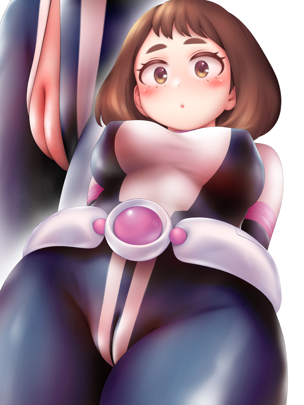 1girls, between labia, big breasts, blush, bodysuit, breasts, brown hair, brown-haired female, cleavage, female, female human, hero outfit (mha), human, innie pussy, large breasts, light skin, light-skinned female, my hero academia, ochako uraraka, ochako uraraka (hero outfit), pussy, shpo, solo, superhero costume, superheroine, thick thighs