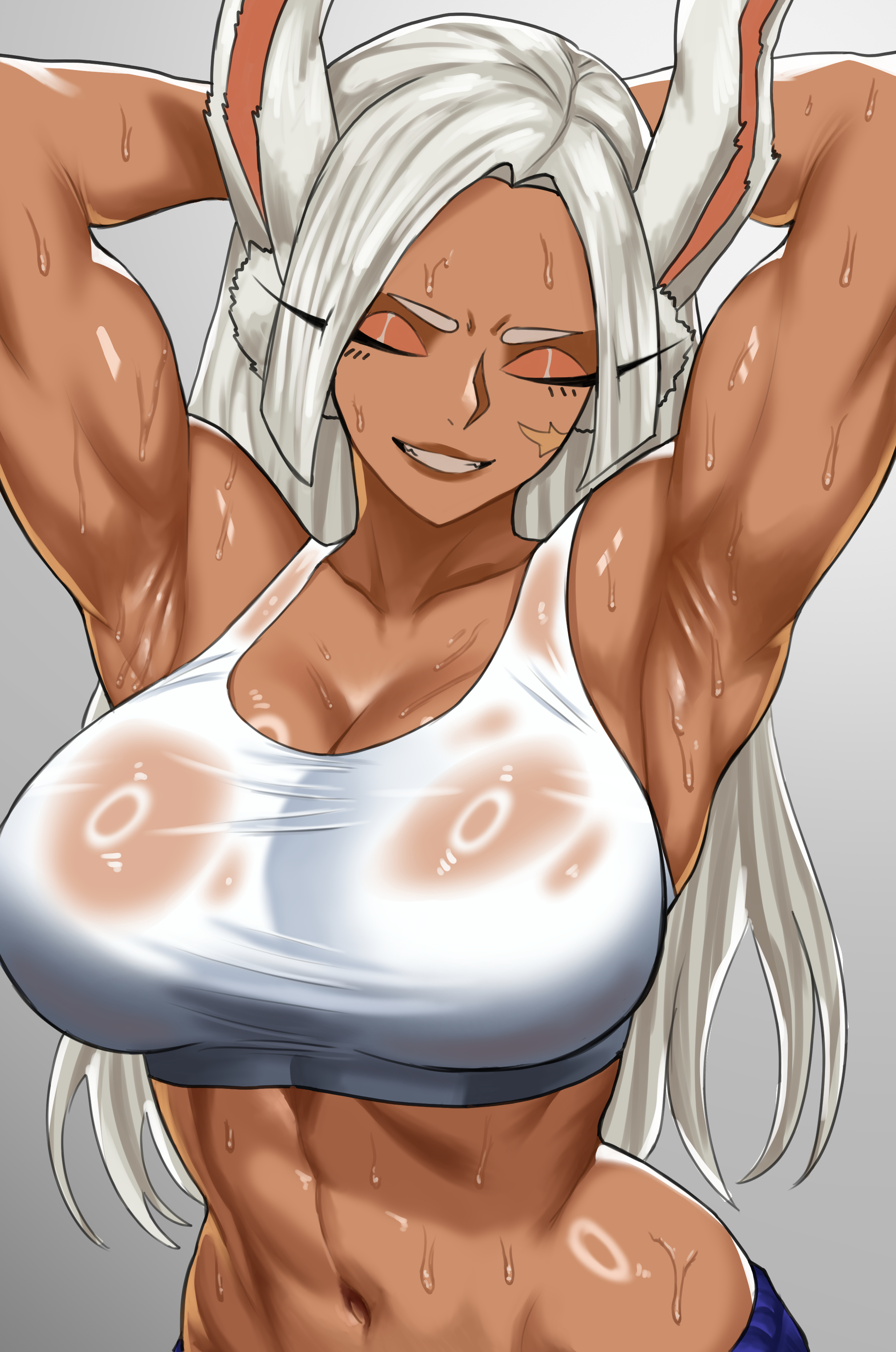 1girls, absurd res, alternate costume, animal ears, armpits, arms up, big breasts, breasts, bunny ears, cleavage, clenched teeth, closed eyes, clothing, crop top, curvy, dark skin, dark-skinned female, eyelashes, eyeshadow, female, female focus, female only, grey background, grey hair, grin, hands behind head, hips, human, large breasts, lips, long hair, makeup, midriff, miruko, muscular, muscular female, my hero academia, navel, pants, parted lips, pinup, rumi usagiyama, scar, seductive, see-through, shiny skin, simple background, sleeveless, smile, solo, solo female, sports bra, sweat, sweatdrop, tank top, teeth, translucent clothing, voluptuous, wide hips, witlessfrawn