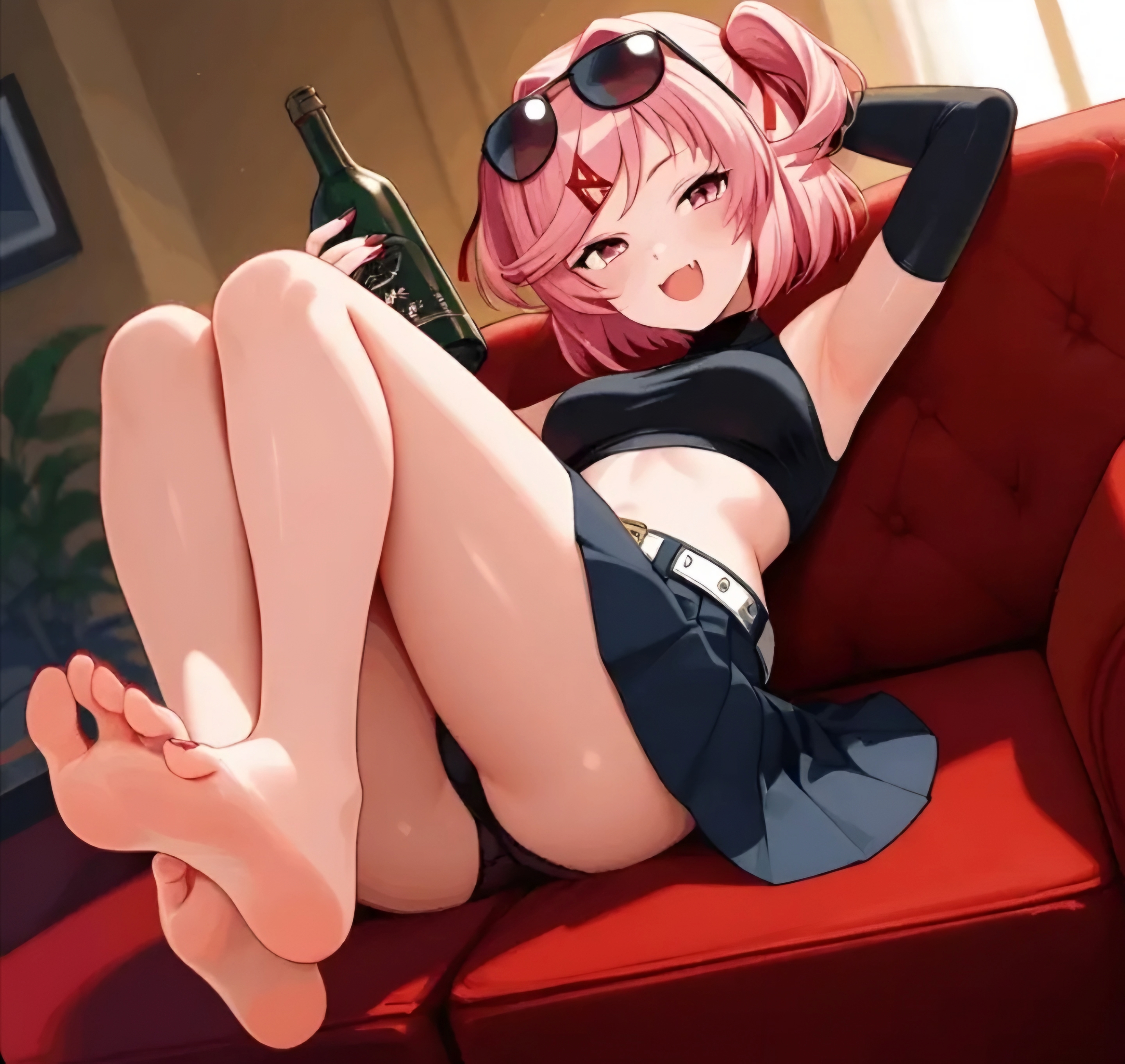 1girls, ai generated, bottle, doki doki literature club, feet, female, female focus, female only, foot fetish, natsuki (doki doki literature club), open mouth, panties, pink eyes, pink hair, skirt, soles, toes