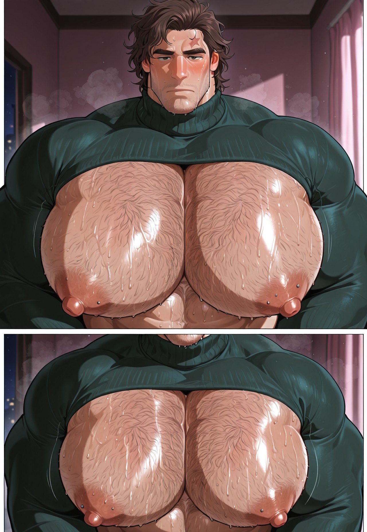 1boy, ai, ai generated, bara, bara tits, big chest, big nipples, big pecs, big tits, breasts, busty, civitai, gay, hairy, hairy chest, hairy-body, huge chest, huge pecs, huge tits, khlibina, male, male focus, male only, solo, solo mlae, sweater, sweater puppies, yaoi