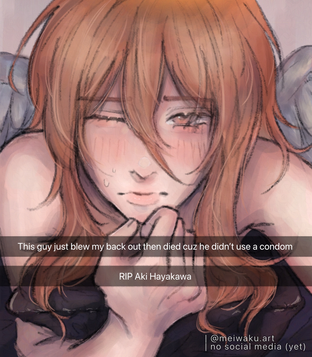 2025, after sex, angel, angel devil (chainsaw man), angel wings, bed, bedroom, chainsaw man, death, eyelashes, femboy, feminine male, flustered, gay, hayakawa aki, male, meiwaku.art, orange eyes, orange hair, pov, red hair, snapchat, sweat, sweating, text, text box, text bubble, wings, yaoi