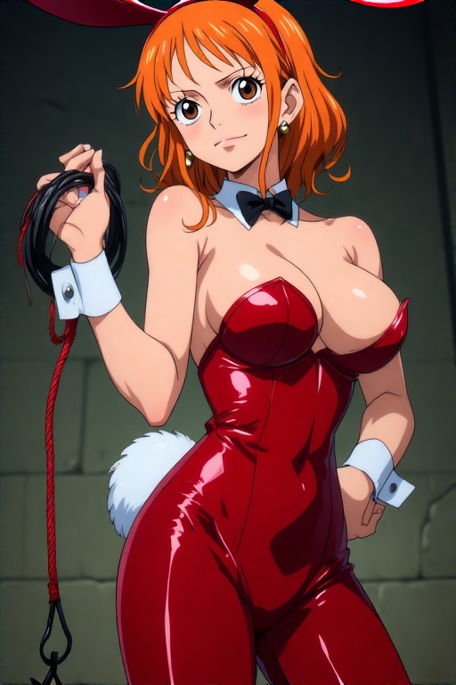 1girls ai ai_generated breasts brown_eyes bunny_ears bunny_tail bunnysuit dominant dominant_female earrings female female_focus female_only hand_on_hip holding_whip latex latex_bunnysuit latex_clothing latex_suit nami nami_(one_piece) necktie one_piece orange_hair ponytail quinzo11 red_bunny_ears red_bunnysuit self_upload shounen_jump standing standing_female toei_animation whip