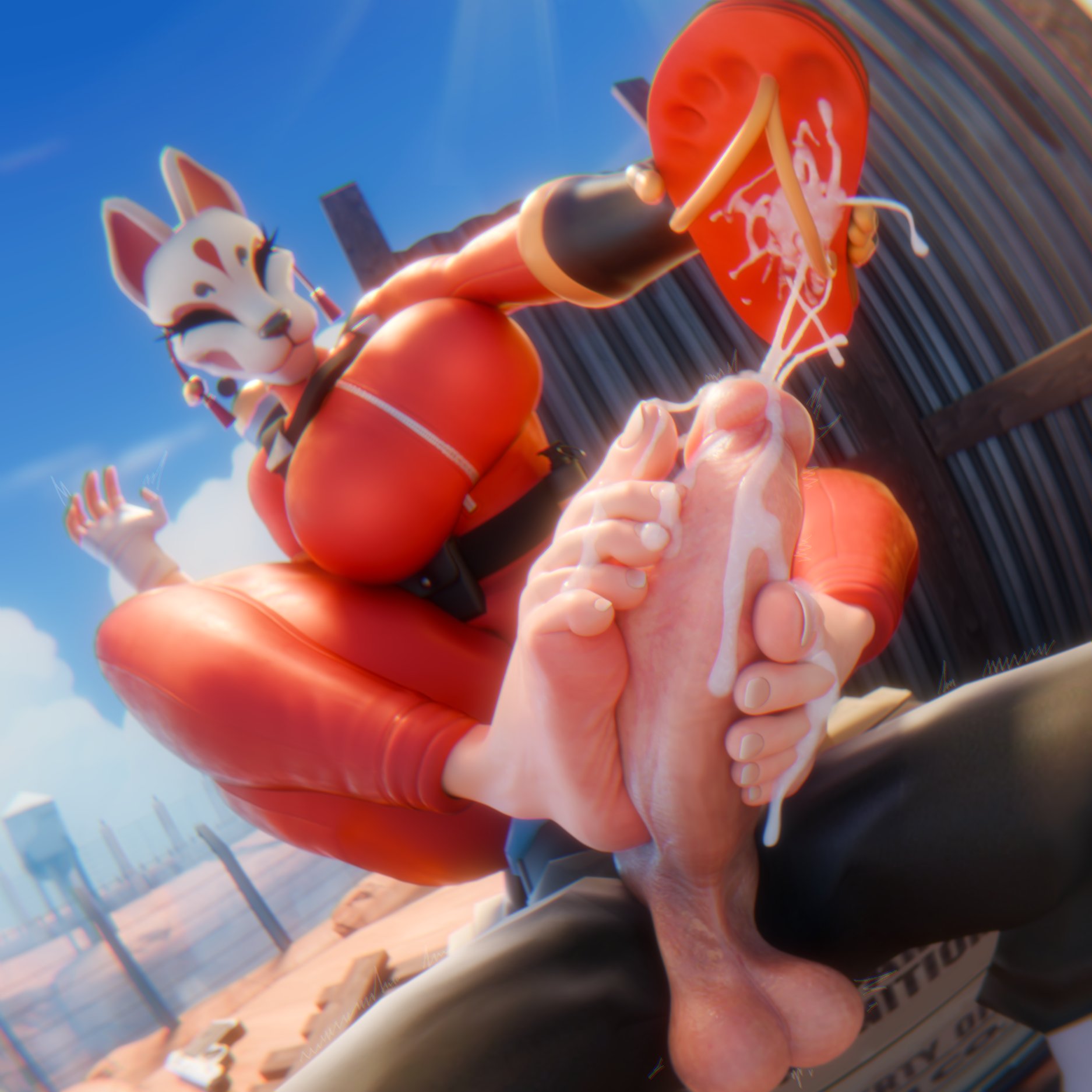 1girls, 1male, 3d, cand3d, cum, cum on feet, cum on flip flop, faceless female, feet, feet focus, female, female focus, fempyro, flip flops, foot fetish, footjob, gas mask, light skin, light-skinned female, male, mask, pyro (team fortress 2), scout (team fortress 2), team fortress 2, valve