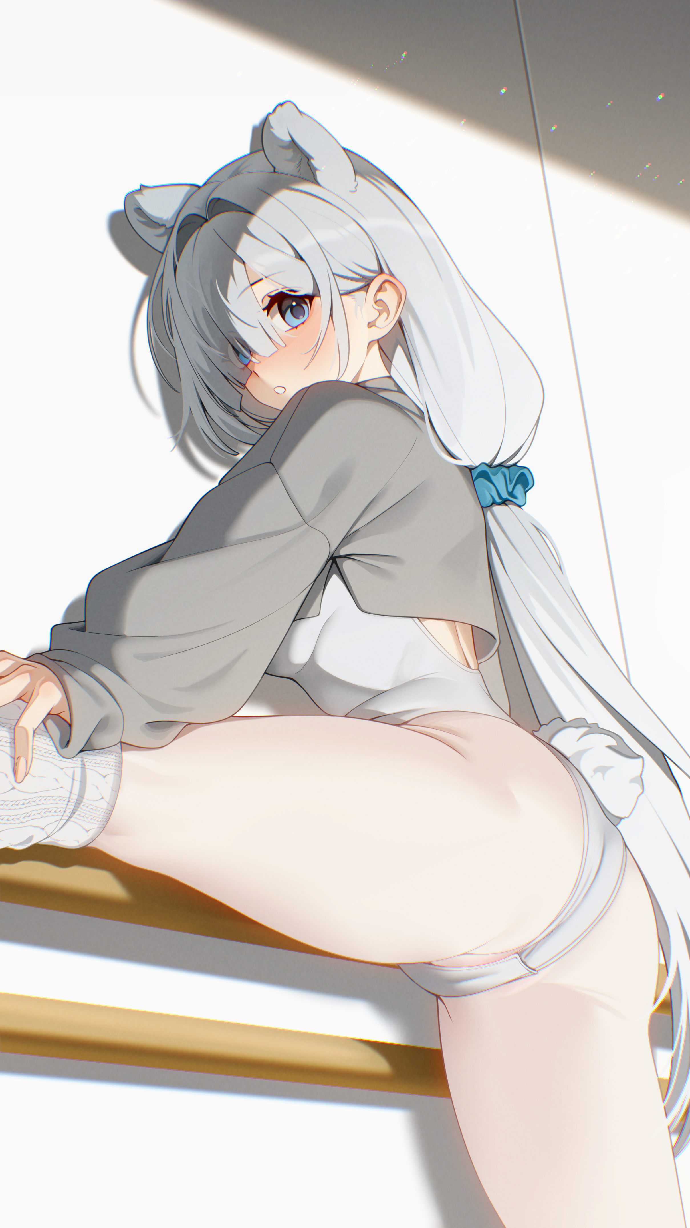 1girls, 2025, animal ears, arknights, ass, ass focus, aurora (arknights), bear ears, bear girl, blue eyes, blush, ett, female, hi res, kemonomimi, leg up, legs apart, light skin, light-skinned female, long hair, one leg up, pantyhose, socks, solo, standing, white hair, white pantyhose