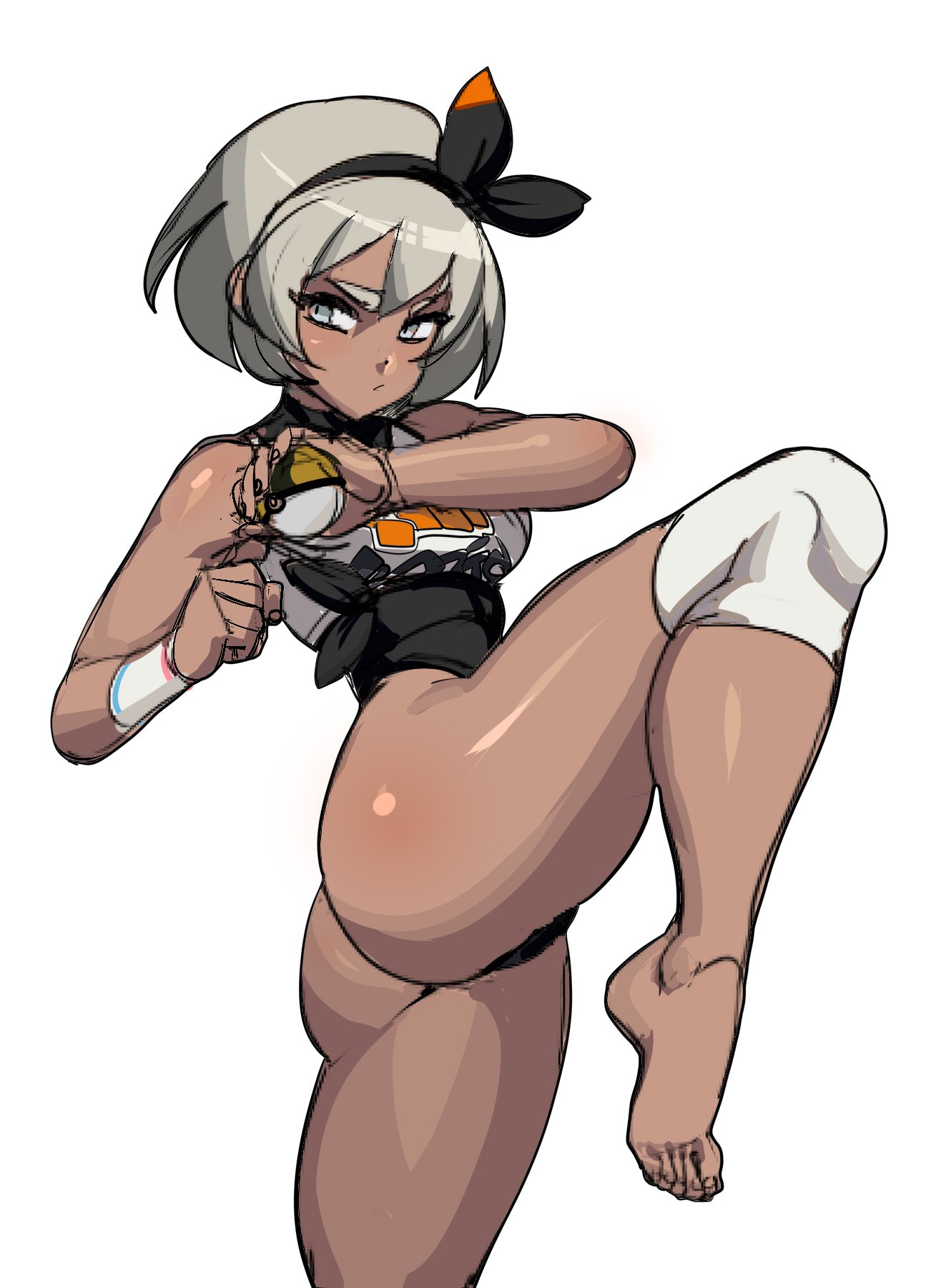 1girls, ass, barefoot, bea (pokemon), big ass, blonde hair, blue eyes, bodysuit, breasts, dark skin, dark-skinned female, feet, female, gloves, headband, holding, holding object, leg up, lowres, maniacpaint, nintendo, poke ball, pokemon, pokemon ss, pose, ribbon, shirt, short hair, sketch, solo, spread legs, thick thighs, ultra ball, white background, wide hips