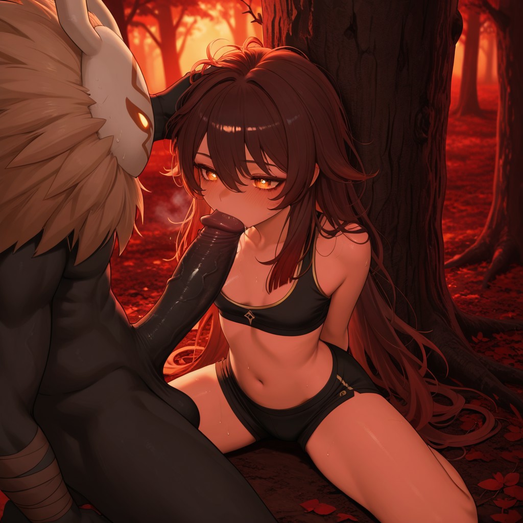 ai generated, bra, breasts, dark skin, dark-skinned male, drool, drooling, fellatio, female, genshin impact, hand on head, hands behind head, hilichurls (species), hoyoverse, hu tao (genshin impact), light skin, light-skinned female, male, messy hair, mihoyo, penis, randomname881, shorts, small breasts, sucking penis, sucking tip