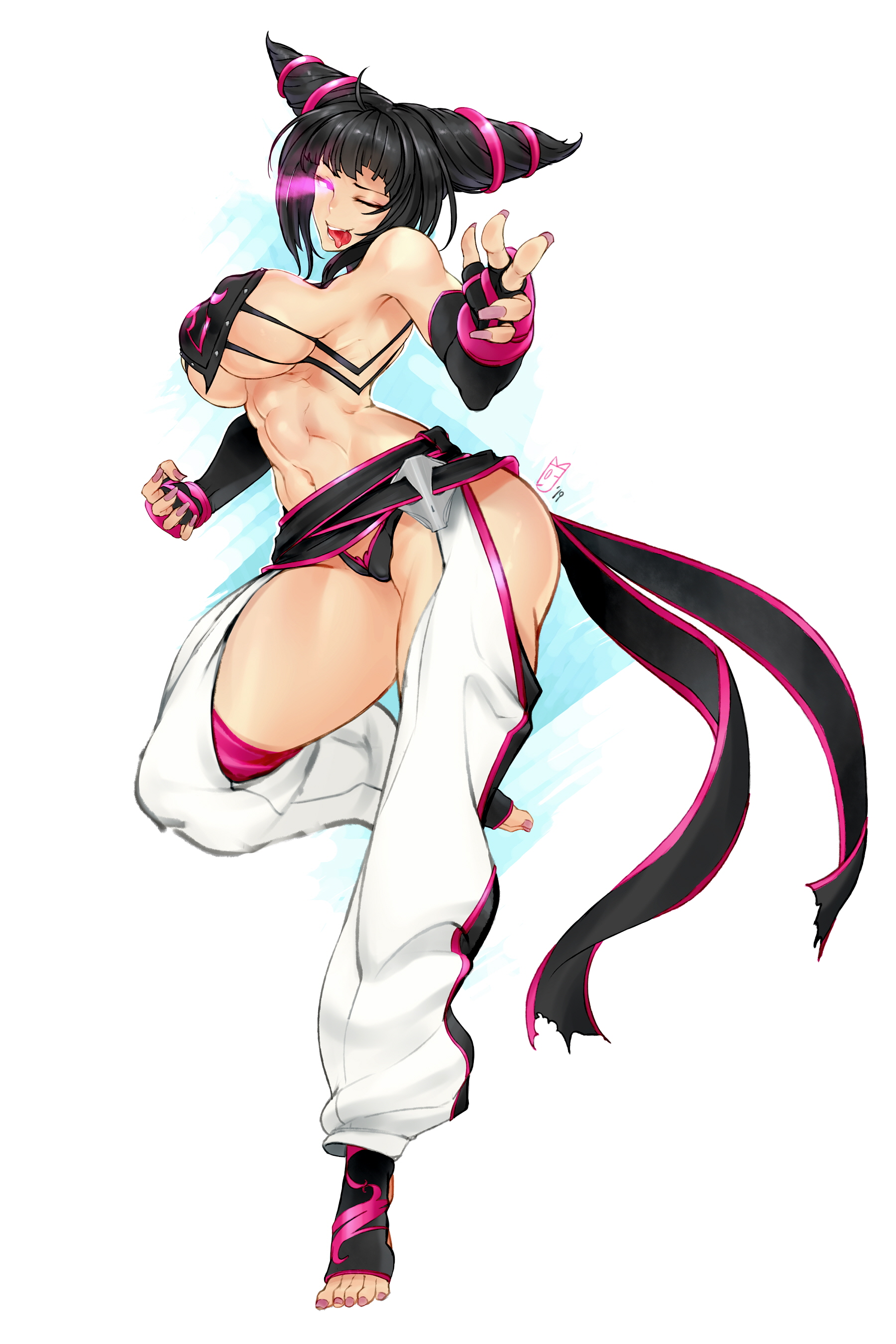 1girls, 2019, abs, ass, baggy pants, bangs, big ass, black hair, black panties, breasts, capcom, clothed, curvy, dated, detached sleeves, drill hair, female, female only, fingerless gloves, gloves, glowing eye, glowing eyes, human, juri han, large breasts, nail polish, naughty face, on one foot, panties, perky breasts, pink nails, pink toenails, sideboob, sidelocks, simple background, solo, street fighter, street fighter v, thick thighs, tiptoes, toeless legwear, toenail polish, toned, toned female, tongue, tongue out, twin drills, white background, wink, zcune