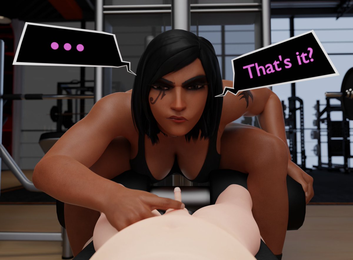 1boy 1girls 3d black_hair dark-skinned_female english_text erect_penis erection female femboy gym light-skinned_male light_skin looking_at_viewer male micropenis nier nier:_automata overwatch penis pharah pov saidegen small_penis small_penis_humiliation text trap yorha_9s