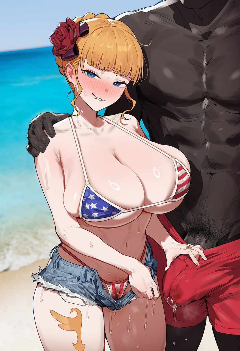 07th expansion, 1boy, 1girls, abs, ai generated, american flag bikini, beach, beatrice (umineko), biting own lip, blonde hair, blue eyes, bulge, cheating, cuckold, cuckolding, dark-skinned male, female, hair flower, hair ornament, hand on another's shoulder, happy, hazakura151, head out of frame, head tilt, huge breasts, huge cock, implied netorare, interracial, jean shorts, leg tattoo, light-skinned female, looking at viewer, male pubic hair, muscular male, netorare, penis grab, penis touching, pulling, pussy juice, pussy juice drip, pussy juice drip through clothes, short jean shorts, shorts, smirk, tattoo, through clothes, umineko no naku koro ni, visible penis, wet pussy