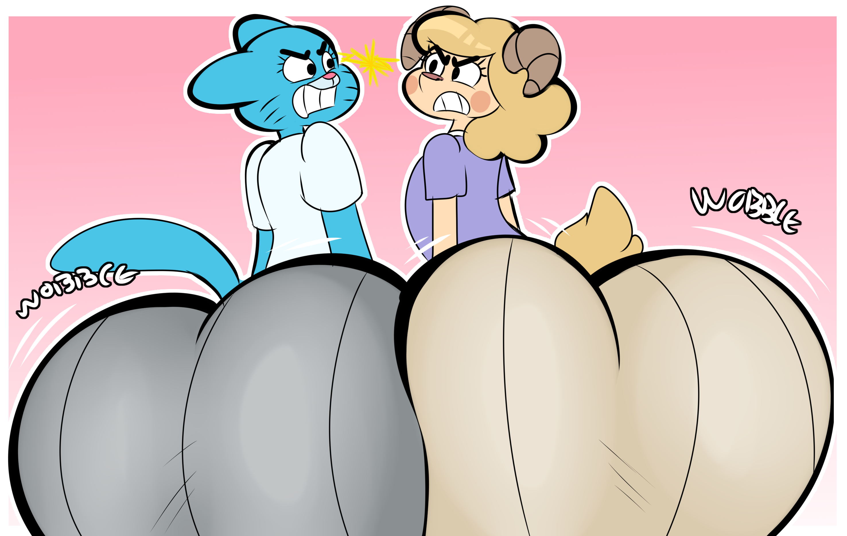 2girls, anthro, ass, ass focus, ass to ass, big ass, blonde hair, blue body, bottom heavy, chi chi's mom, clothing, competitive, denizen1414, fat ass, feline, female, female only, furry, furry only, goat, horns, huge ass, large ass, looking at each other, massive ass, milf, miracle star, mother, nicole watterson, png, shirt, skirt, tail, the amazing world of gumball, thick ass