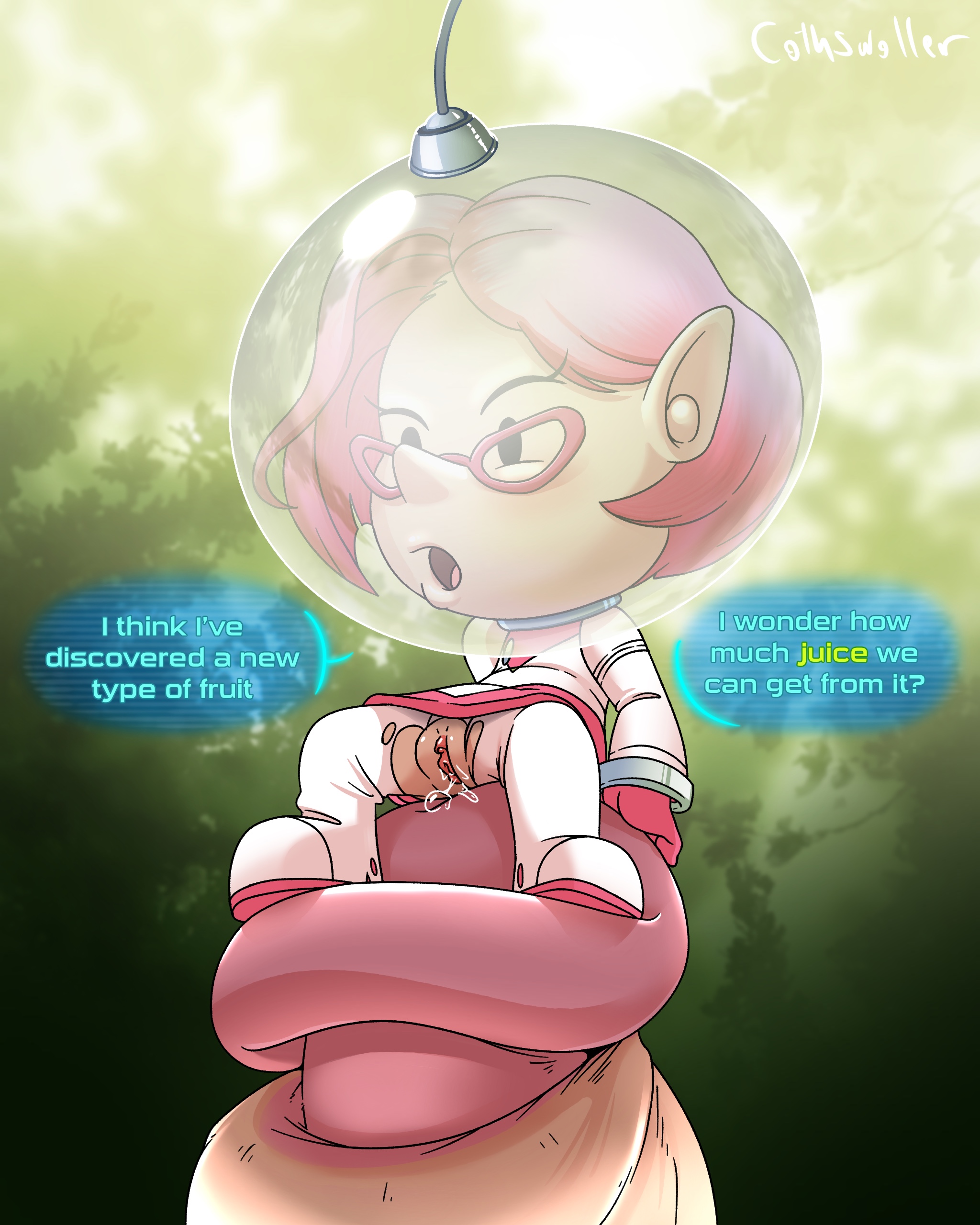 1boy, 1girls, brittany (pikmin), clitoris, cothswoller, english text, extreme size difference, female, giant, koppaite, larger male, macro, male, male/female, micro, micro female, micro on macro, micro on penis, nintendo, penis, pikmin, pikmin 3, pink hair, pointy nose, pussy, pussy juice, size difference, smaller female, space helmet, spacesuit, speech bubble, text, torn clothes