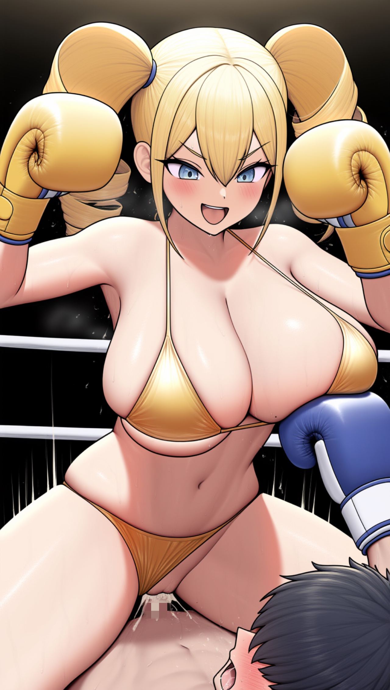 1boy, 1girls, ai generated, arms up, big breasts, blonde hair, blonde-haired female, blue boxing gloves, blush, blush lines, boxing, boxing gloves, boxing ring, breasts, breathing, cowgirl position, cum, cum in pussy, cum inside, curvy, curvy female, curvy figure, defeated, domination, domination/submission, female, female domination, female focus, femdom, fighting ring, gloves, hair between eyes, hips, horny female, huge breasts, knocked out, large breasts, light skin, light-skinned female, long hair, looking at another, looking at partner, lying, lying down, lying on back, male, massive breasts, mfs, mixed boxing, movement lines, naughty face, navel, nipples, orgasm, orgasm face, original, original character, pussy, reverse rape, ryona, sex, sex battle, sitting on person, smile, smiling, smiling at viewer, steam, steaming body, steamy breath, sweat, sweatdrop, sweating, thick, thick hips, thick legs, thick lips, thick thighs, thighs, tongue, tongue out, twintails, underwear, vaginal fluids, victory, victory pose, voluptuous, voluptuous female, waist, wide hips, wide thighs, yellow boxing gloves, yellow bra, yellow panties