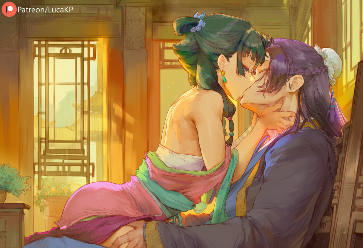 1boy, 1girls, ai generated, black, blue hair, chinese, earrings, female, grabbing, grabbing thighs, hair, hands on neck, holding neck, jinshi (kusuriya no hitorigoto), kissing, kusuriya no hitorigoto, lucakp, making out, male, maomao (kusuriya no hitorigoto), patreon, patreon link, patreon logo, patreon url, patreon username, sitting, sitting on chair, sitting on lap, sitting on person, tagme, wholesome