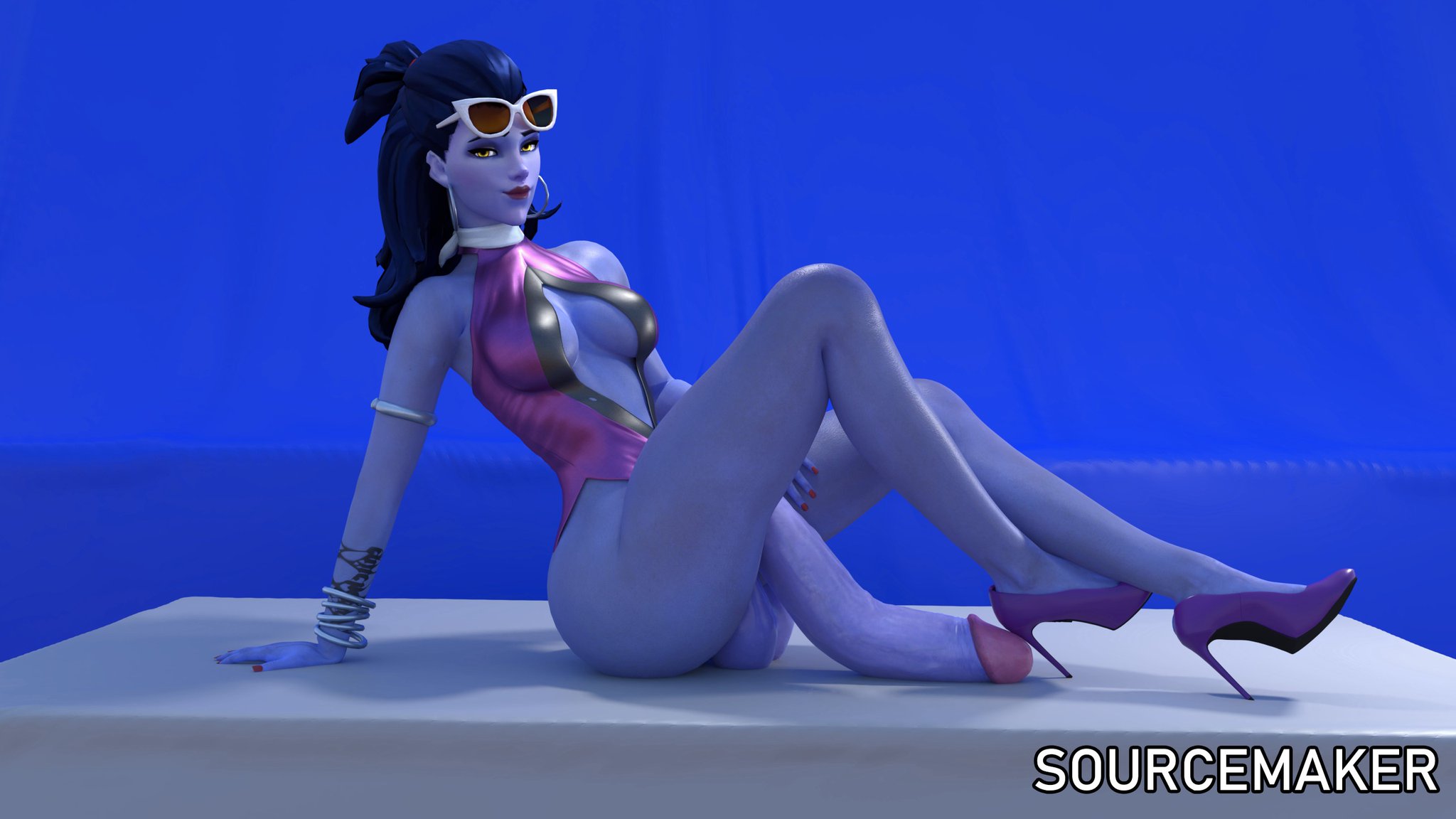 1futa, 3d, alternate costume, balls, bent penis, big balls, blizzard entertainment, blue skin, breasts, breasts apart, circumcised, classy, cleavage cutout, cote d'azur widowmaker, dark blue hair, dickgirl, flaccid, futa only, futanari, glasses, glasses on forehead, half-erect, heels, high heels, hoop earrings, huge cock, intersex, long penis, looking at viewer, overwatch, penis, pose, posing, purple heels, solo, solo futa, sourcemaker, stiletto heels, sunglasses, testicles, widowmaker