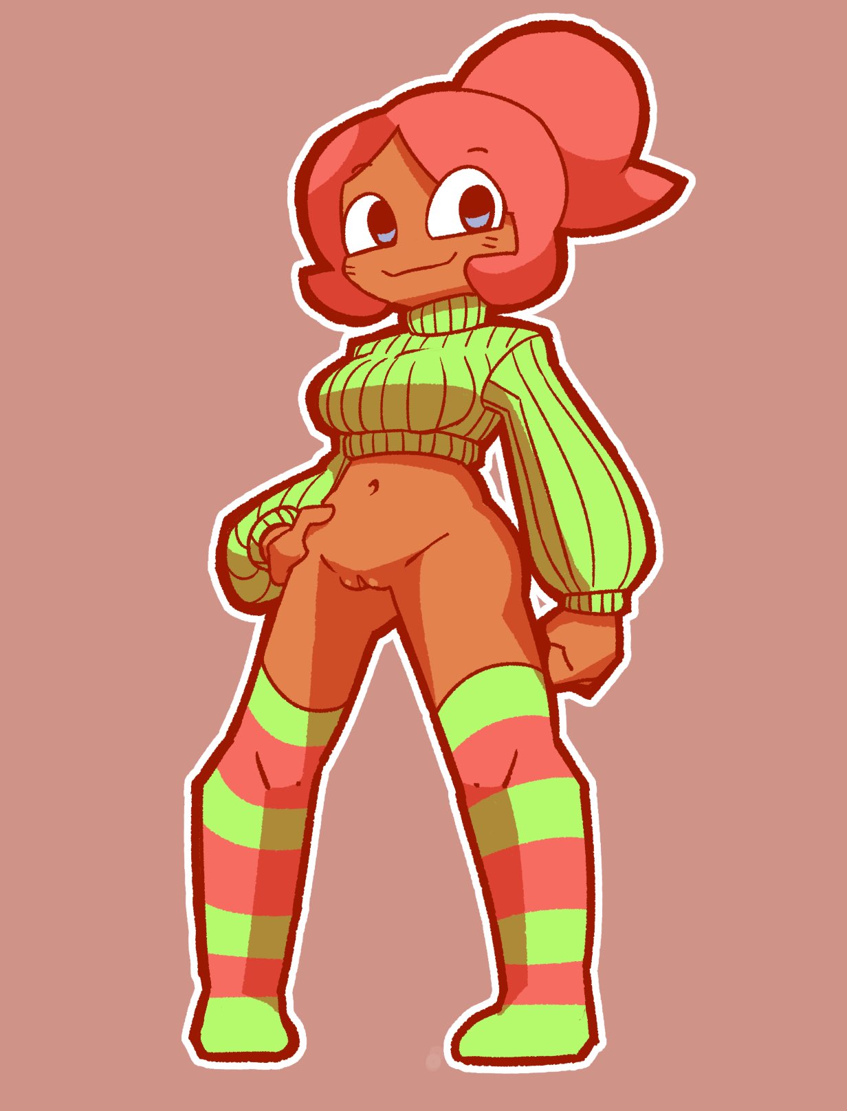 1girls, 2024, blue eyes, bottomless, bottomless female, chloe (nekuzx), dark skin, dark-skinned female, deadzephyr4114, exposed, exposed pussy, exposure, fanart, female, female focus, female only, green sweater, hand on hip, looking at viewer, navel, original character, ponytail, pussy, red background, red hair, smile, socks, solo, solo female, solo focus, striped socks, sweater