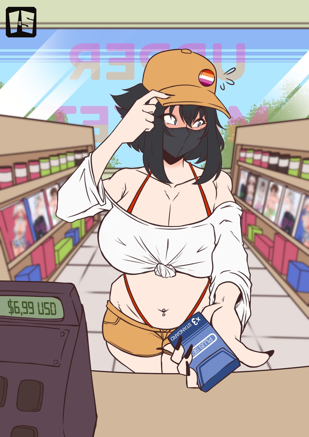 1girls, 2d, 2d (artwork), 2d artwork, baseball cap, belly button, big breasts, bikini, black hair, black nails, blue eyes, blush, breasts, buying condoms, condom box, female, hips, ilustretsspoks, lesbian pride colors, light skin, light-skinned female, mask, navel piercing, orientation play, pride colors, shorts, sierra dazorelle, white topwear