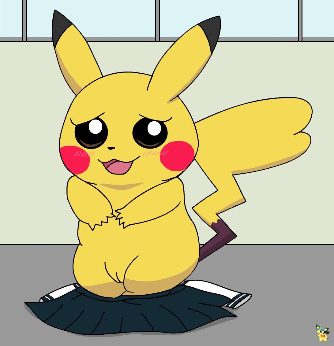 2025 artist_logo bottomwear bottomwear_down cleft_tail clothing clothing_on_floor eyelashes female female_feral feral fur generation_1_pokemon genitals logo nintendo nude pichu90 pikachu pokemon pokemon_(species) pussy school_uniform skirt_down solo tail undressed uniform vulva yellow_body yellow_fur