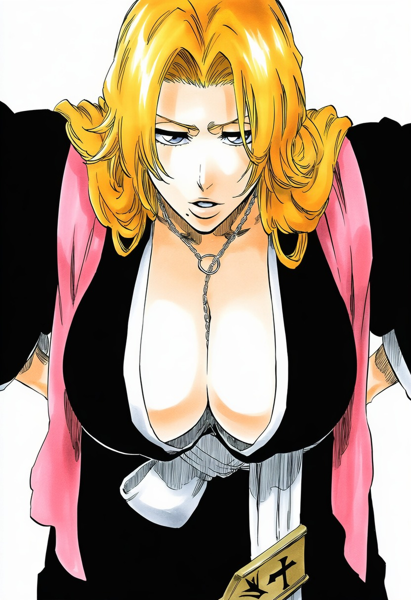 accurate art style, accurate body type, ai generated, arms behind back, badge, bent over, between breasts, black kimono, bleach, blonde hair, blue eyes, breast focus, breasts, busty, chain necklace, chains, clavicle, cleavage, clothing, curvaceous, female, female focus, female only, female solo, hanging breasts, haori, high resolution, huge breasts, jewelry, kimono, large breasts, leaning, leaning forward, light skin, light-skinned female, long hair, looking at viewer, matsumoto rangiku, mole, mole under mouth, necklace, neckwear, orange hair, parted lips, pink neckwear, pink scarf, robe, sash, scarf, shihakusho, shiny, shiny hair, shiny skin, simple background, solo, solo focus, standing, tite kubo style, traditional clothes, useless tags, wafuku, white background, white sash, ㅇㅇ