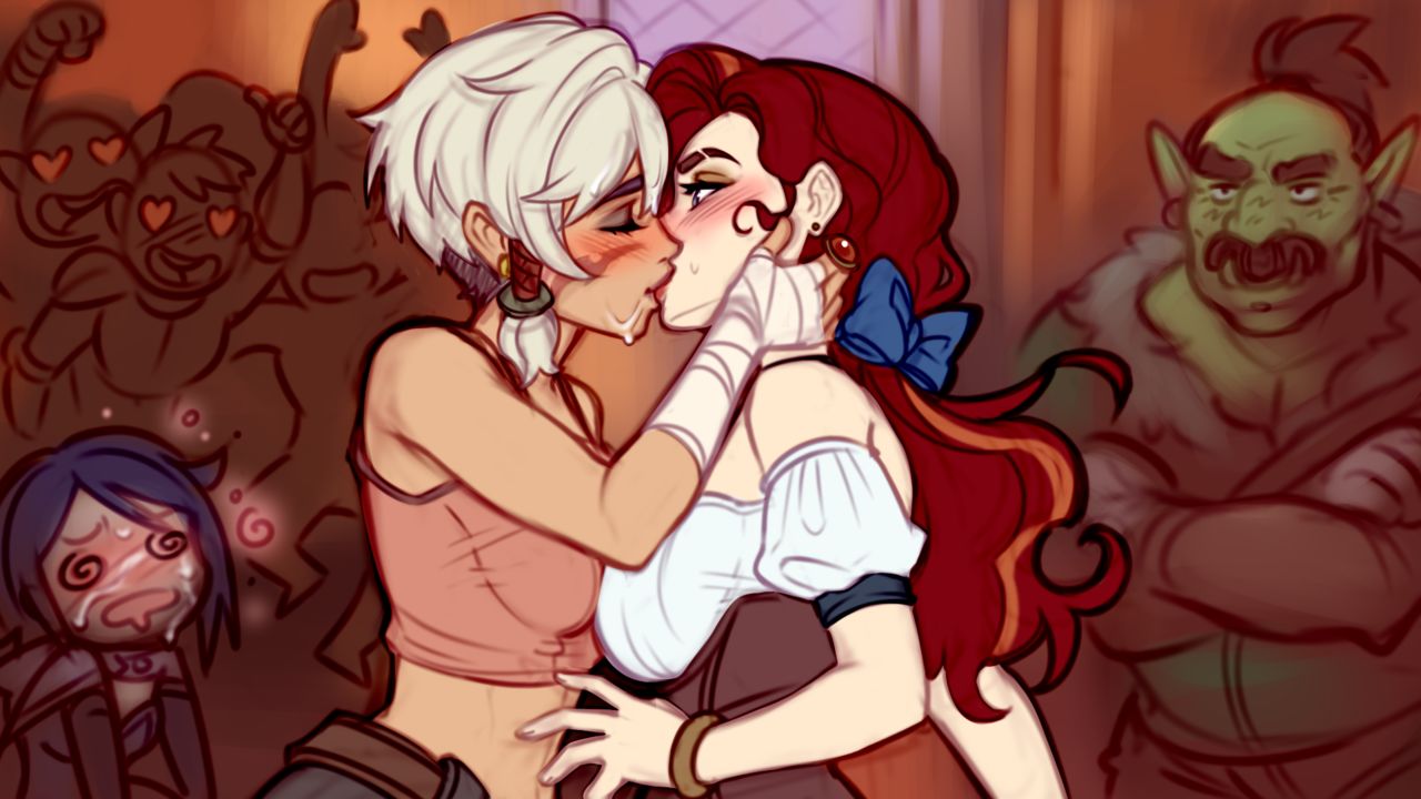 blushypixy blushyspicy comic comic_page comic_panel fighter_(spicy_quest) horny_female kaye_(blushypixy) kissing shy spicy_quest tessa_(spicy_quest) yuri