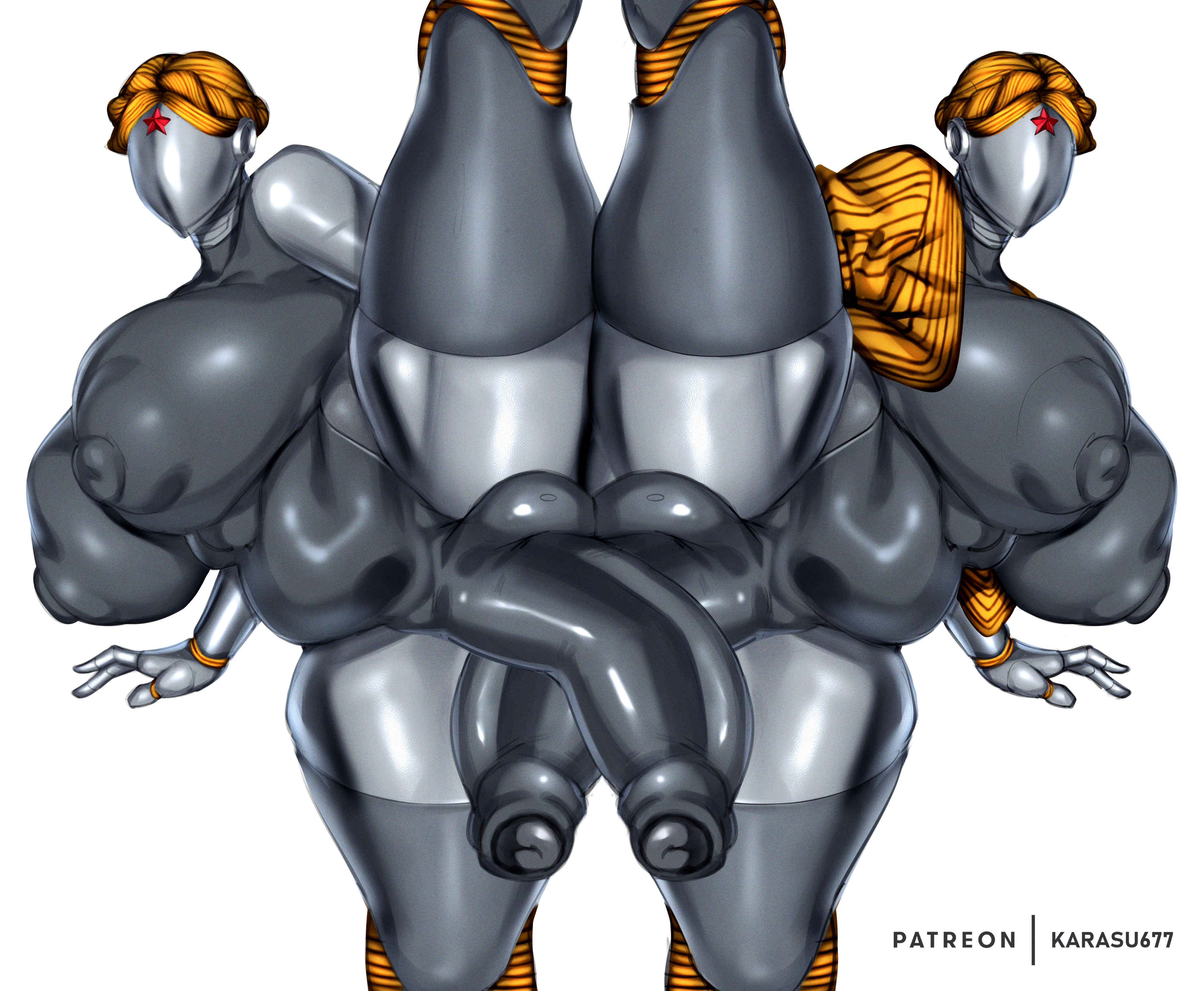 2futas, atomic heart, balls, big breasts, blonde hair, breasts, breasts bigger than head, busty, chubby, curvaceous, curves, curvy, curvy body, curvy figure, dick, dickgirl, duo, erection, faceless female, fat cock, female, foreskin, futa only, futanari, huge breasts, huge cock, humanoid, intersex, karasuart07, large breasts, large penis, left (atomic heart), legs up, massive breasts, massive penis, metallic body, milf, penis, right (atomic heart), robot girl, robot joints, short hair, sisters, smooth balls, smooth penis, standing, the twins (atomic heart), thick, thick penis, thick thighs, thighs, uncircumcised, uncircumcised penis, uncut, unretracted foreskin, vertical splits, video games