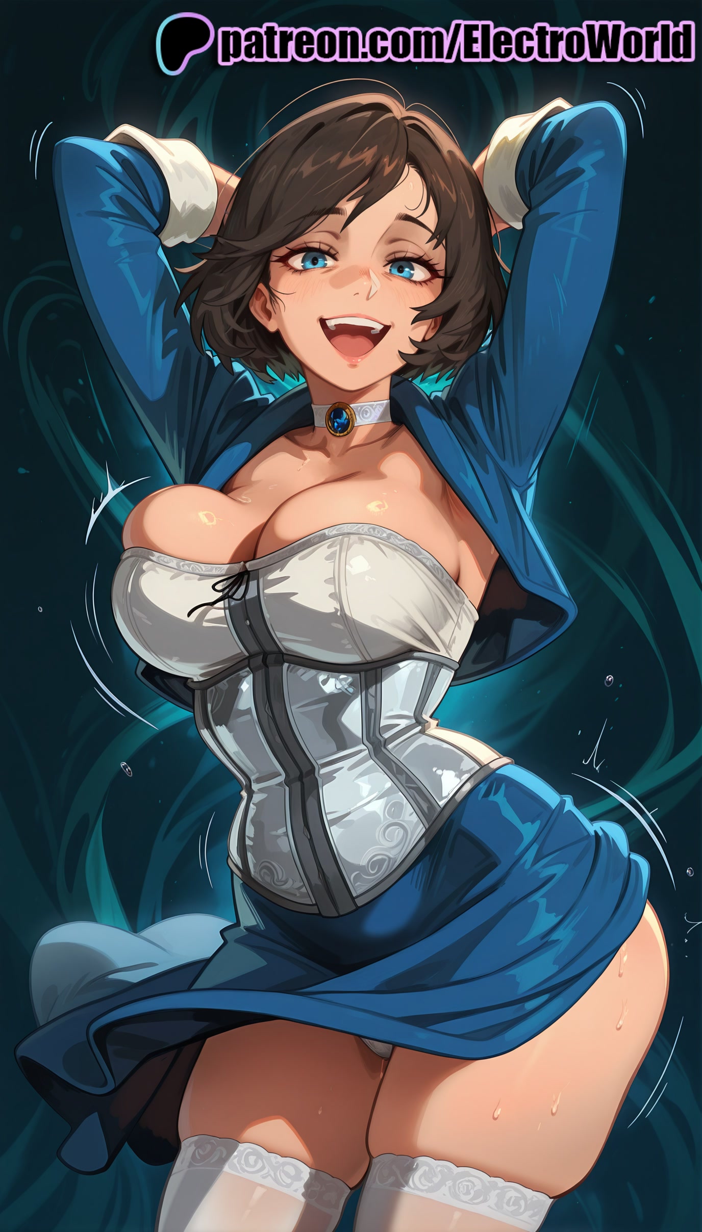 ai generated, bioshock, bioshock infinite, blue eyes, bolero, breasts, busty, cleavage, corset, dance, electroworld, elizabeth comstock, female, female focus, female only, hourglass figure, legwear, skirt, tagme, thick thighs, thighhighs, wide hips