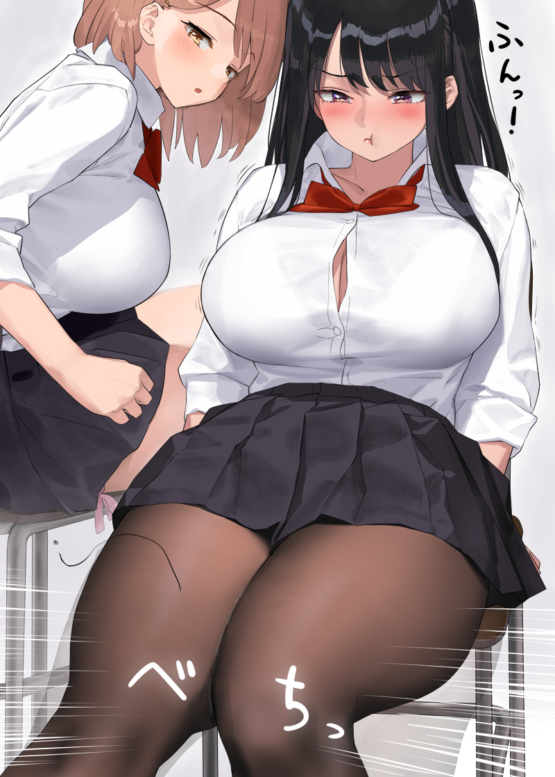 2girls, angry face, big thighs, black hair, blouse, bra through clothes, bra visible through clothes, brown hair, cleavage, female, female only, huge breasts, kaisen chuui, large breasts, long hair, mosquito, school uniform, seifuku, short hair, skirt, stockings, thigh squish