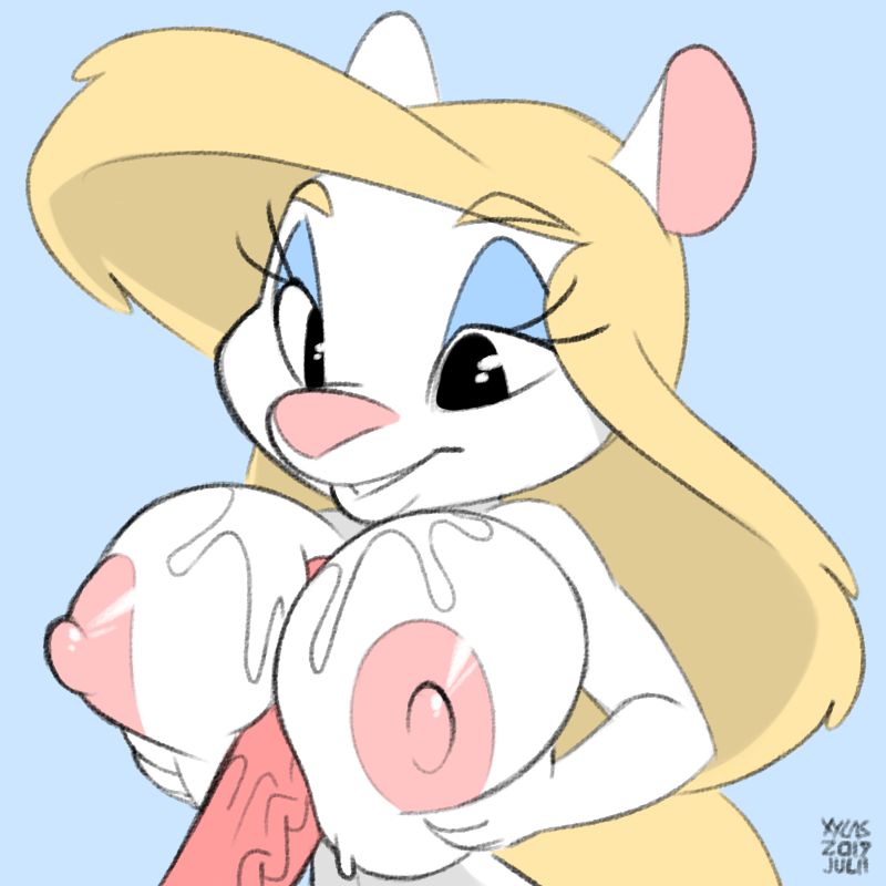 1:1 animaniacs anthro blonde_hair bodily_fluids breasts cum disembodied_penis duo female female_focus fur furry genital_fluids humanoid_penis large_breasts male mammal minerva_mink mink mustelid musteline nipples paizuri penis sex simple_background solo_focus straight vein veiny_penis warner_brothers white_fur xylas