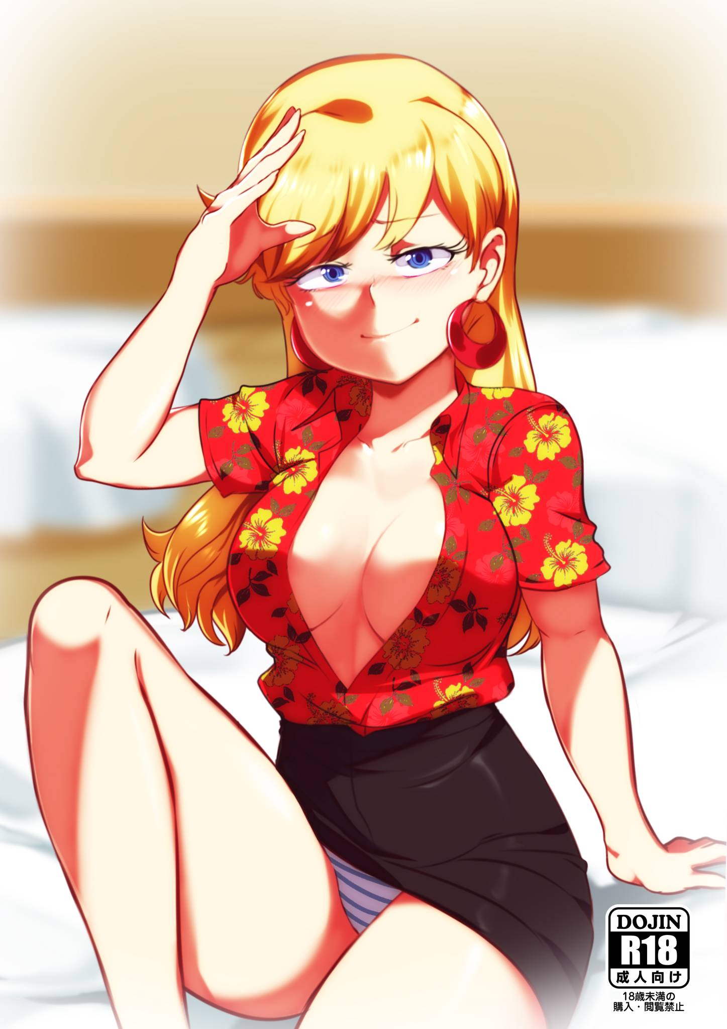 1girls, big breasts, blonde hair, blue eyes, breasts, cleavage, clothing, earrings, female, female only, huge breasts, human, human only, jcm2, large breasts, leni loud, open clothes, open shirt, panties, skirt, striped panties, the loud house, tight clothes, tight clothing, unbuttoned, underwear