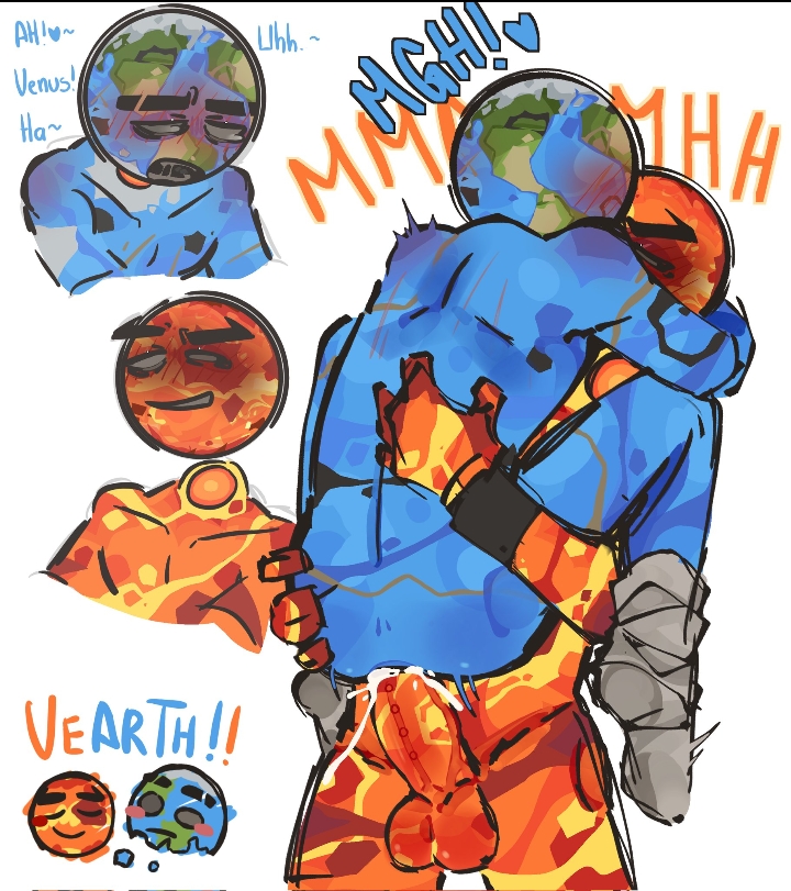 2boys, 2male, 2males, anal, anal penetration, anal sex, ass, balls, big penis, blue body, blush, blush lines, blushing, blushing male, carrying, carrying partner, carrying while penetrated, cum, cum in ass, cumming, earth (solarballs), gay, gay anal, gay sex, hanaku 1allover, homosexual, homosexual male, homosexual sex, male, male only, male penetrating, male penetrating male, male/male, moaning, orange body, penetration, penis, penis in ass, solarballs, text, venus (solarballs), yaoi