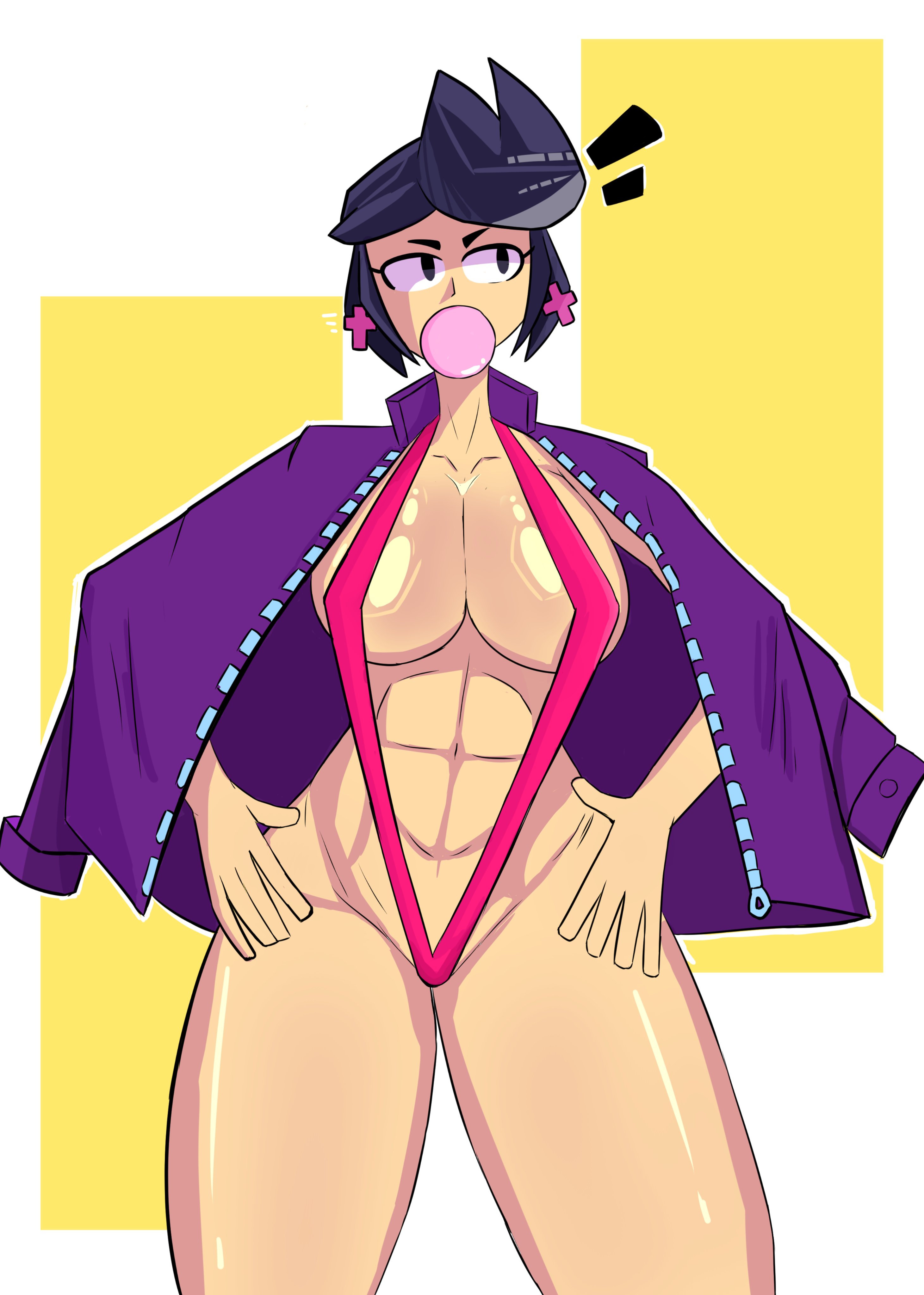 bibi (brawl stars), big breasts, bikini top, black hair, brawl stars, breasts, damphjack, female, jacket, micro bikini, pose