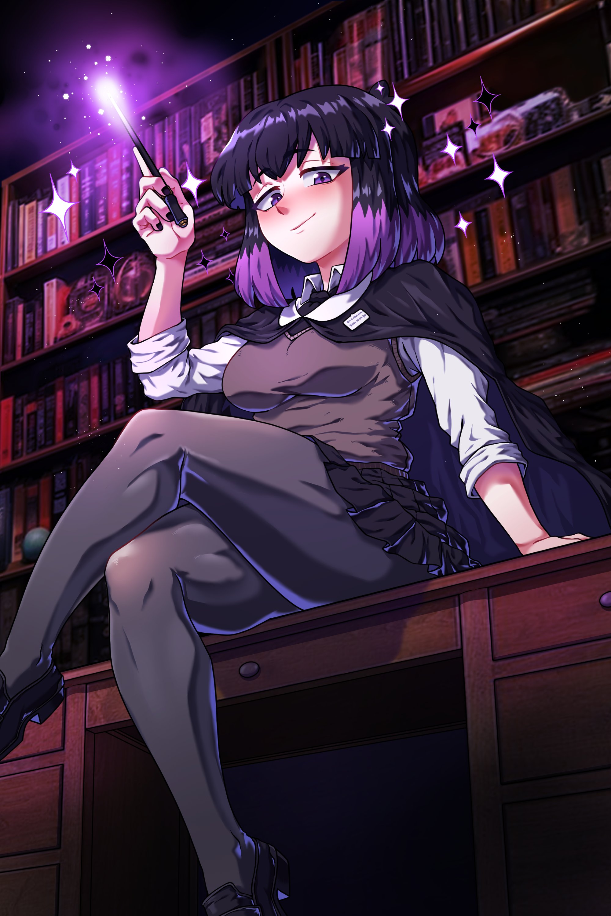 absurdres, black cape, black giraffe, black hair, black pantyhose, black shoes, black skirt, bob cut, breasts, cape, crossed legs, desk, female, from below, girin, highres, hilda (series), id card, indoors, jpeg, kaisa (hilda), legs, library, light smile, medium breasts, multicolored hair, netflix, on desk, pantyhose, pleated skirt, purple eyes, purple hair, shirt, shoes, short hair, sitting, skirt, smile, solo, sparkle, thick thighs, thighs, two-tone hair, vest, wand, white shirt